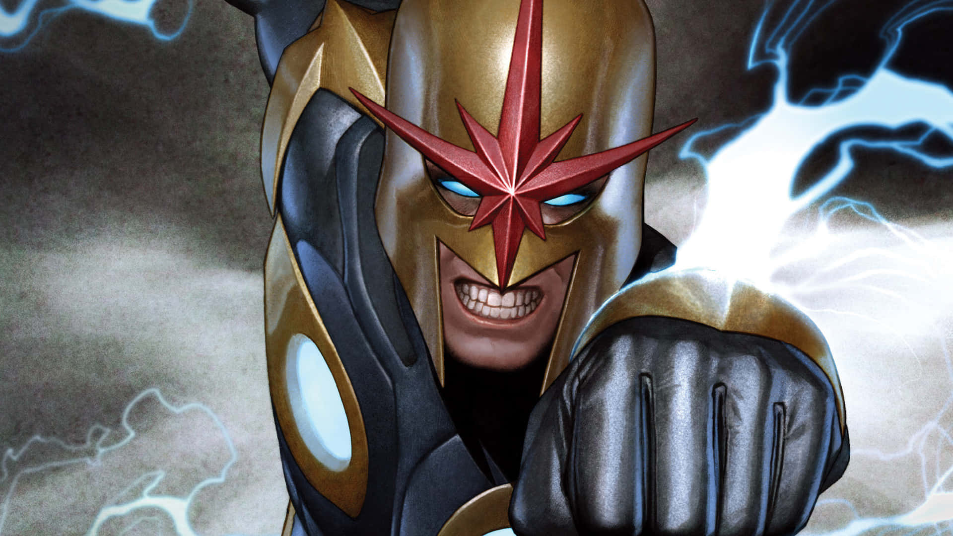 Nova Corps, gold and black suit, red star mask, Full HD Desktop Wallpaper