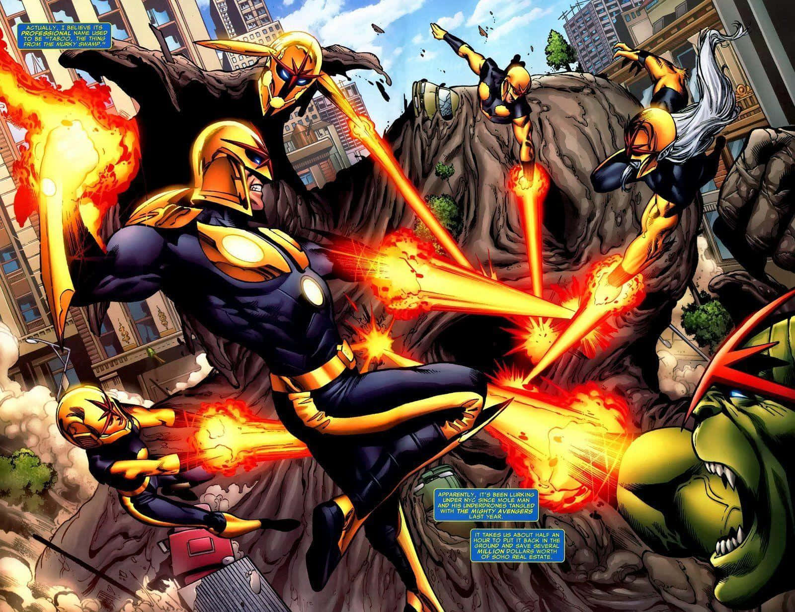 Nova Corps, golden-armored heroes, fiery blasts, HD Desktop Wallpaper
