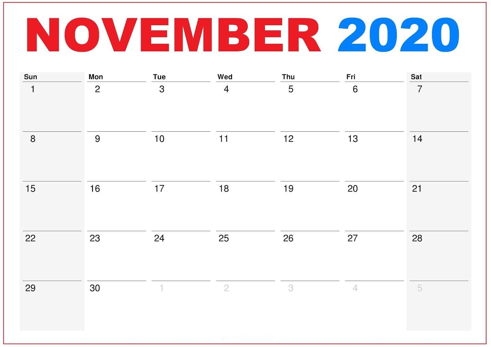 November 2020 Calendar, red and blue header text, white background, HD Desktop Wallpaper