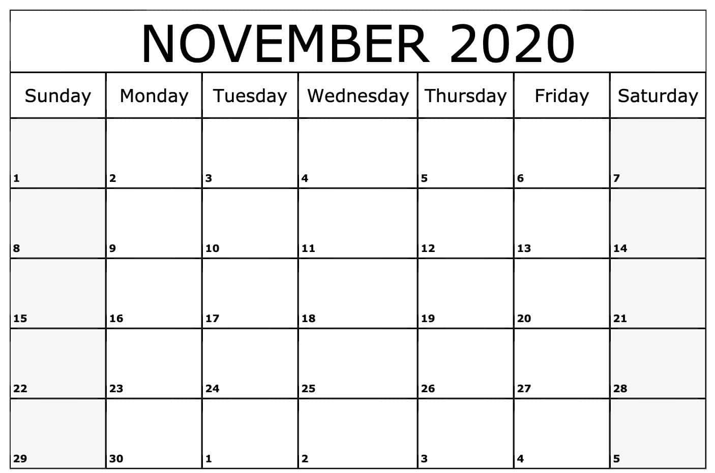November 2020 Calendar, black text, white background, HD Desktop Wallpaper