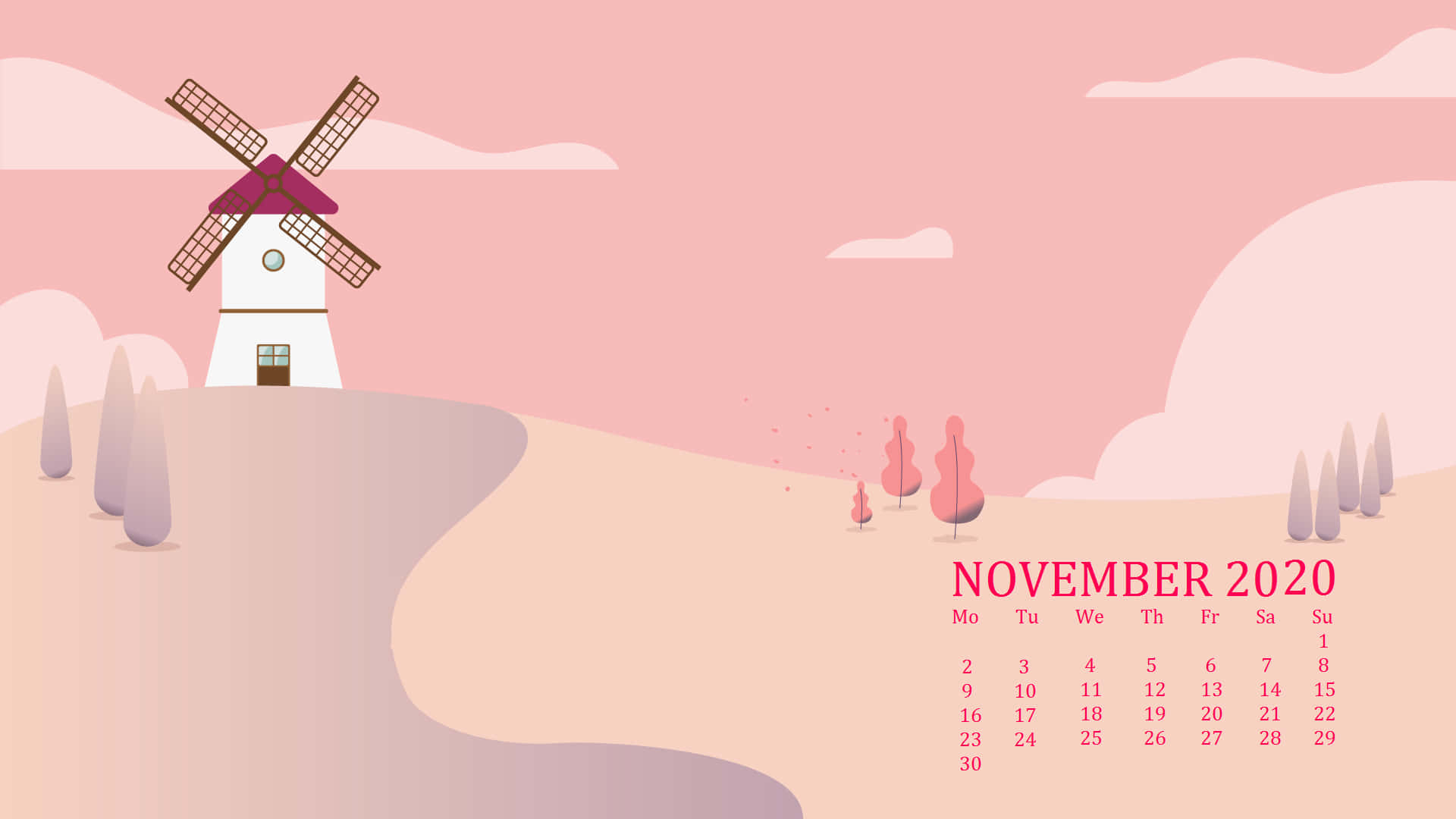 November 2020 calendar, pastel pink windmill, hill, Full HD Desktop Wallpaper