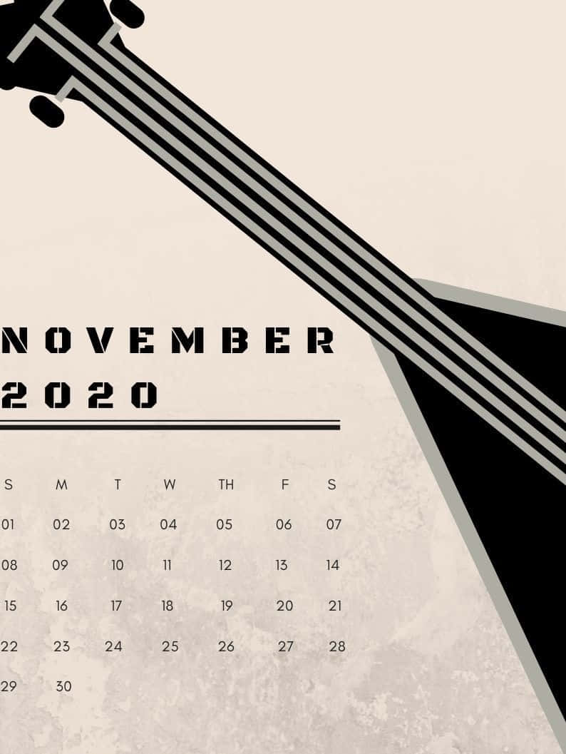 November 2020 Calendar, guitar neck, black, SD Phone Wallpaper