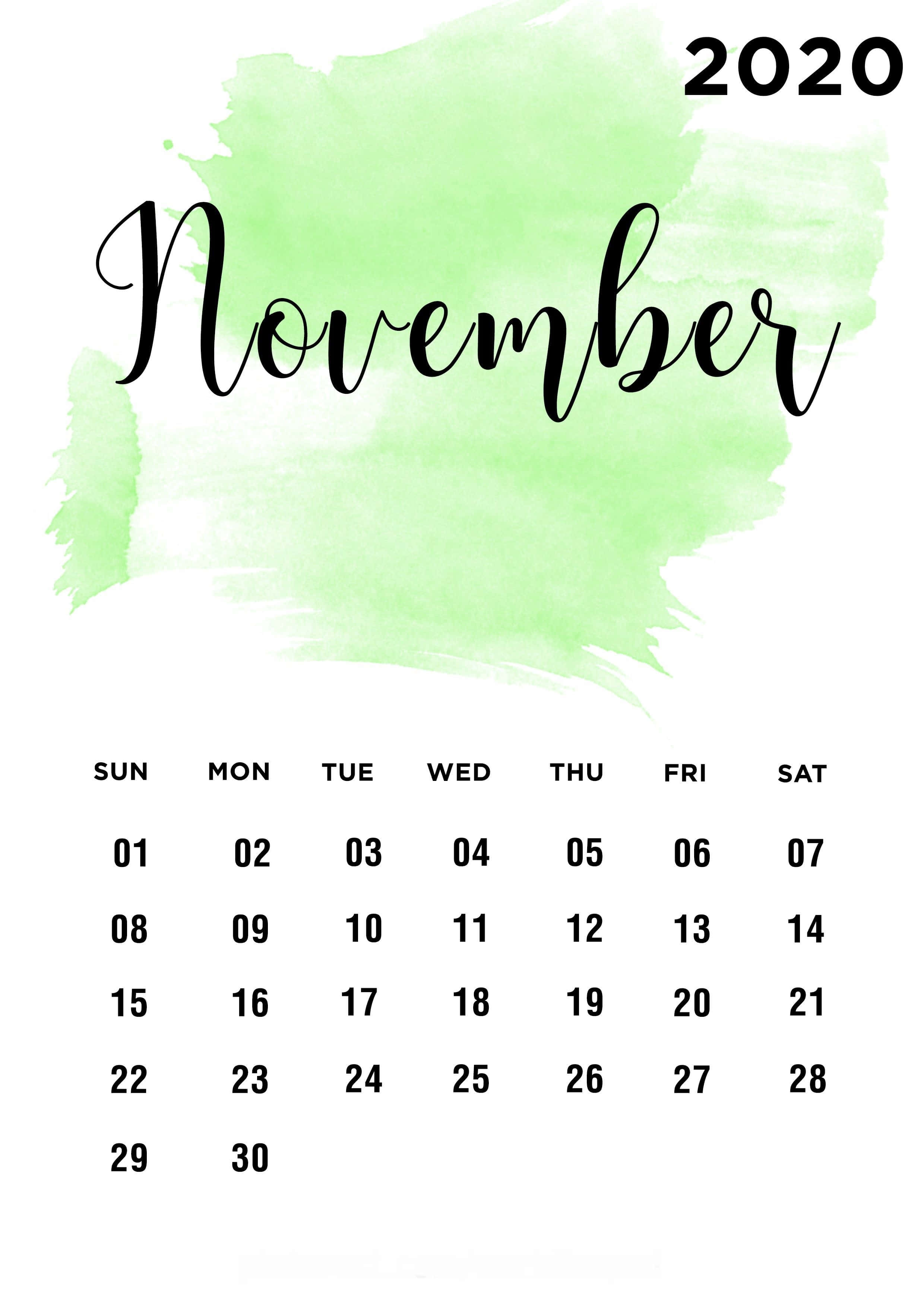 November 2020 Calendar, green watercolor splash, black script text, 2K Phone Wallpaper