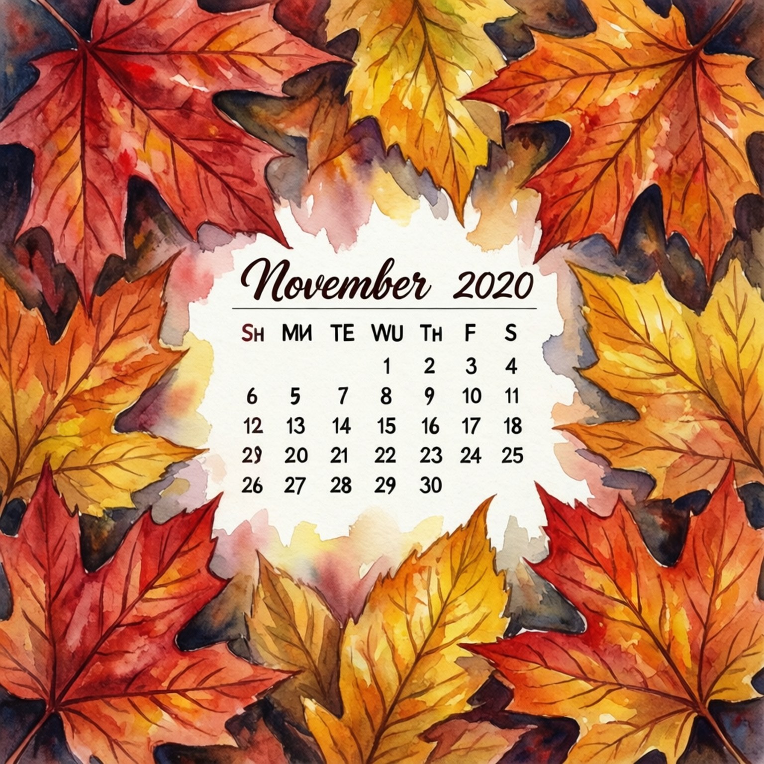 Autumn Leaves Watercolor Calendar, November 2020, maple leaves, HD Desktop Wallpaper