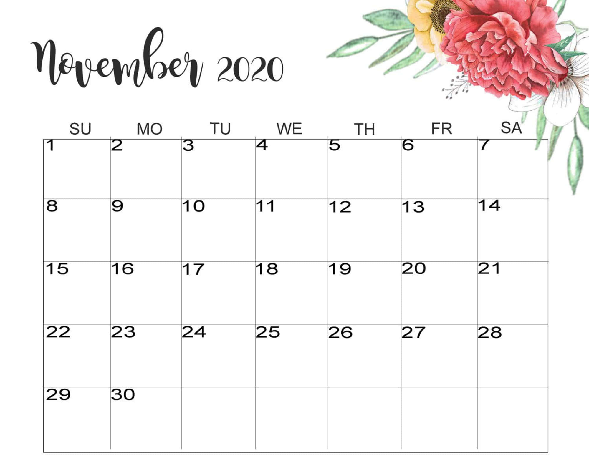 November 2020 Calendar, red leaves, elegant script, Full HD Desktop Wallpaper