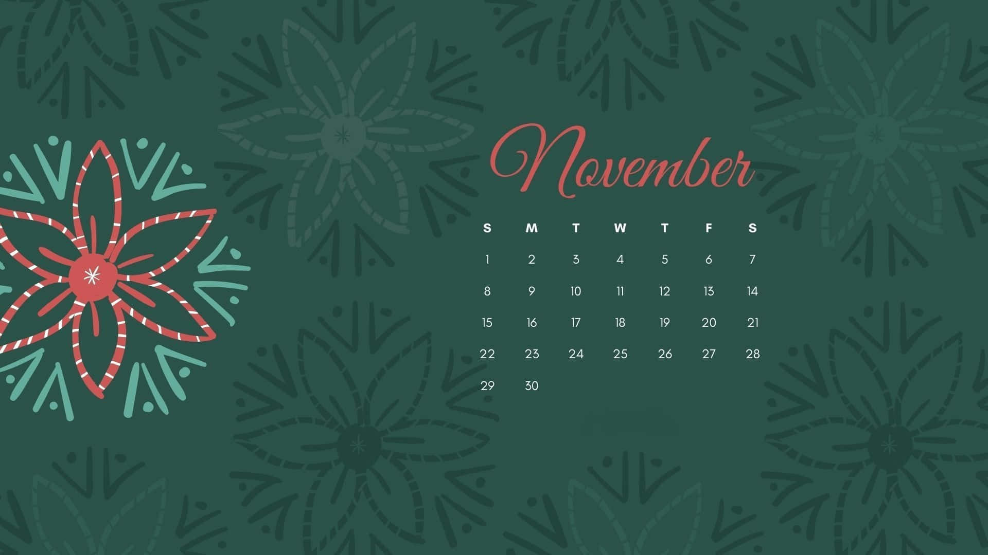 November 2020 Calendar, red flowers, teal flower, Full HD Desktop Wallpaper
