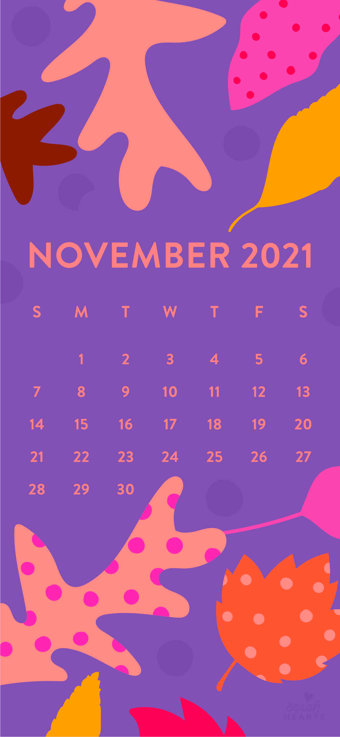 November 2021 Calendar, vibrant purple, stylized autumn leaves, Full HD Phone Wallpaper