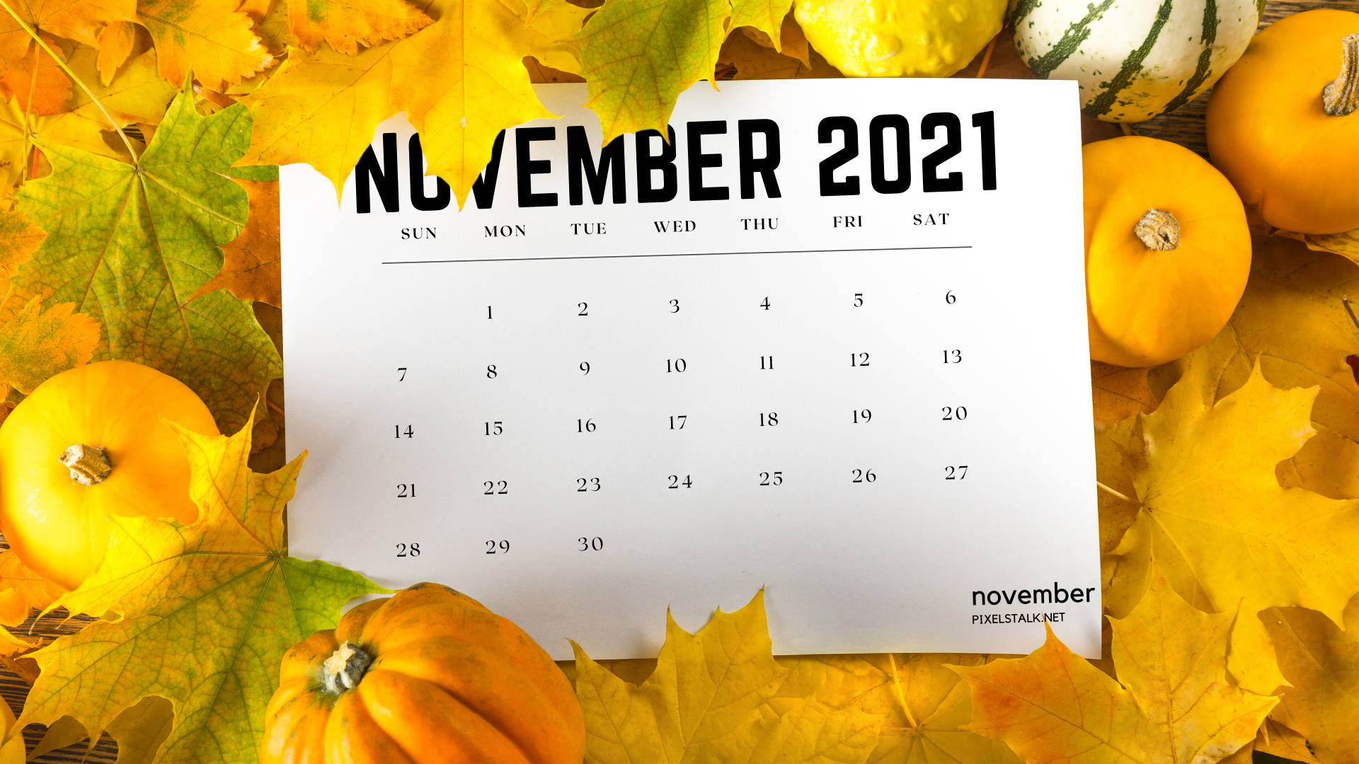 November 2021, golden autumn leaves, orange pumpkins, Full HD Desktop Wallpaper