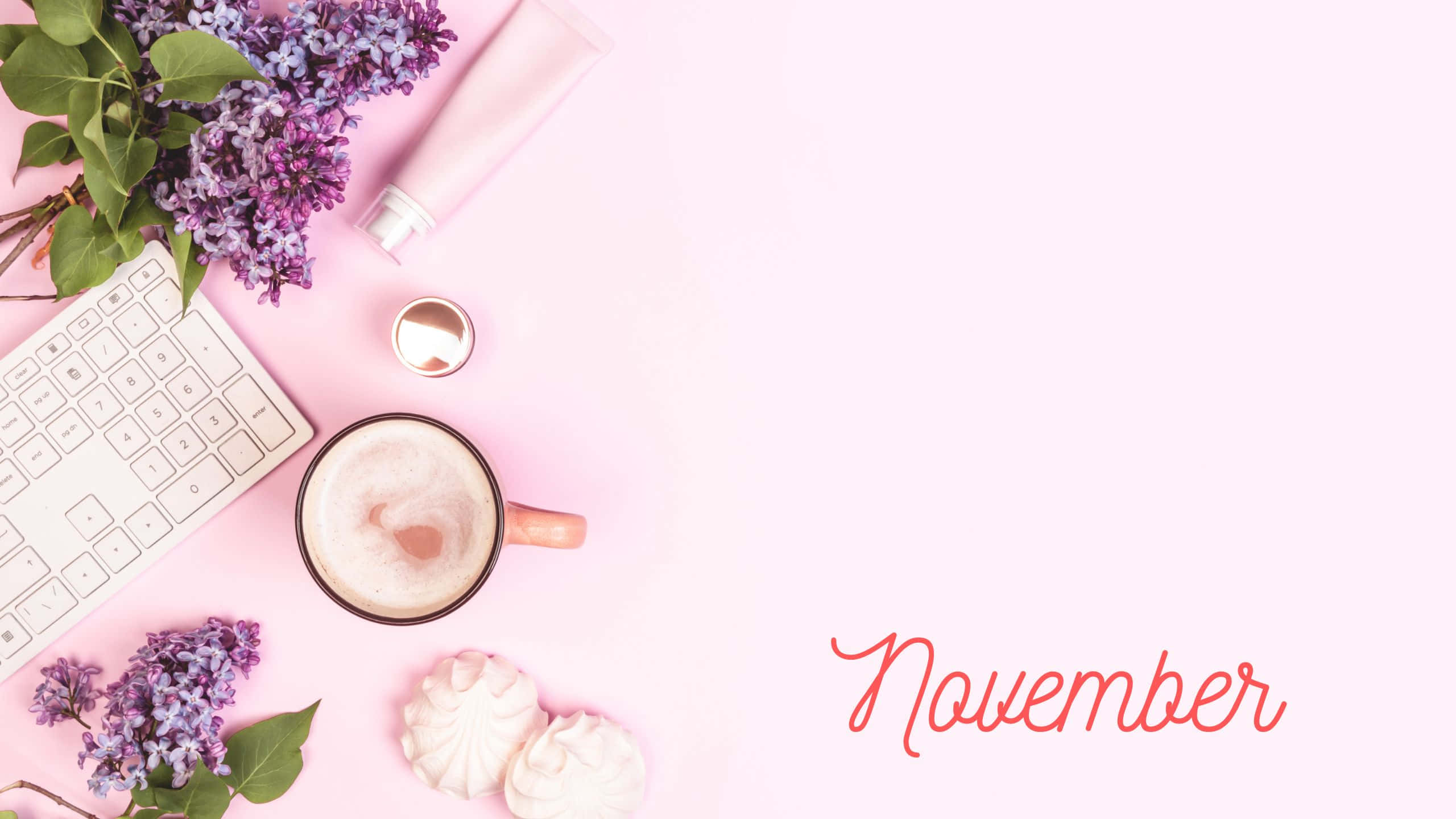 November script, soft pink, lilac flowers, 2K Desktop Wallpaper