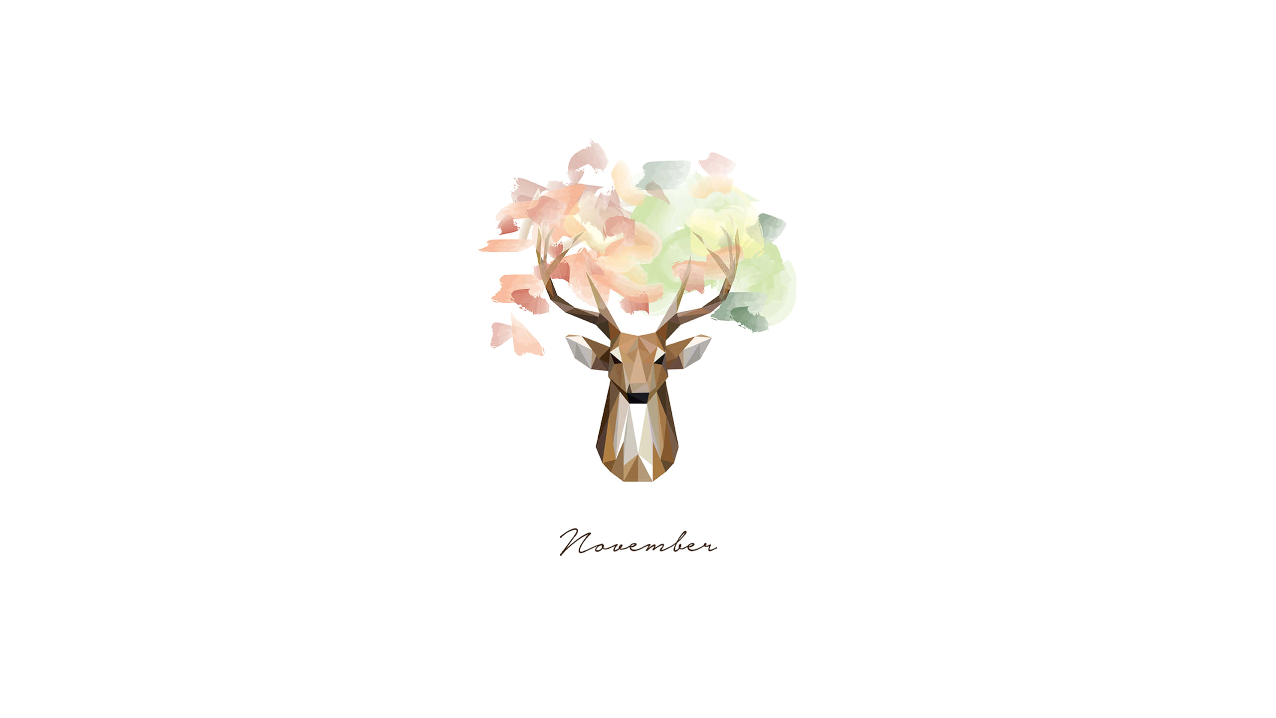 geometric deer head, antlers sprouting watercolor autumn leaves, white background, 2K Desktop Wallpaper