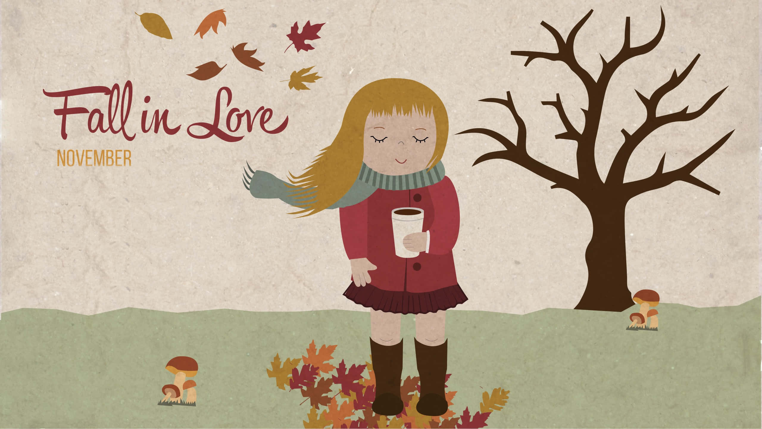 November Desktop, autumn leaves, red coat, 2K Desktop Wallpaper