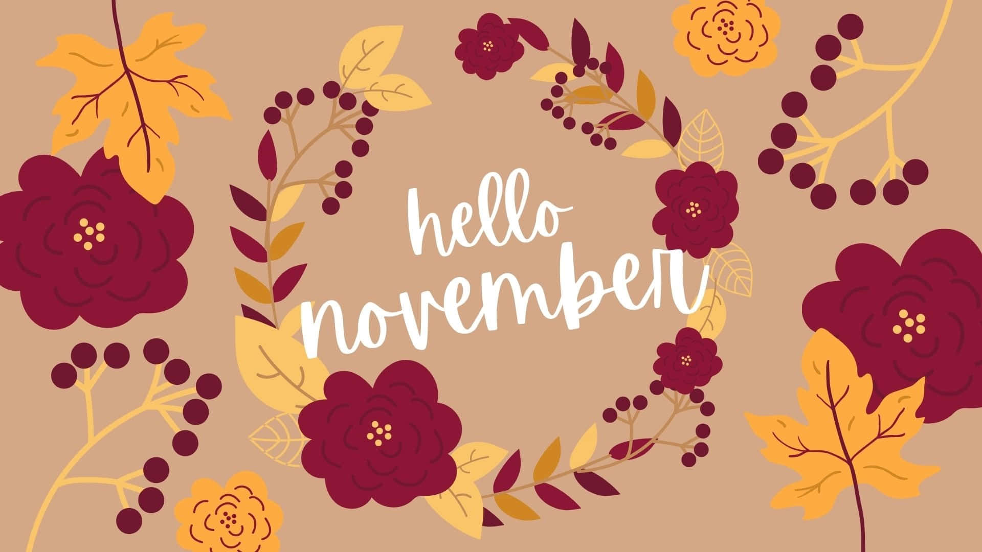 November Desktop, maroon flowers, yellow leaves, Full HD Desktop Wallpaper