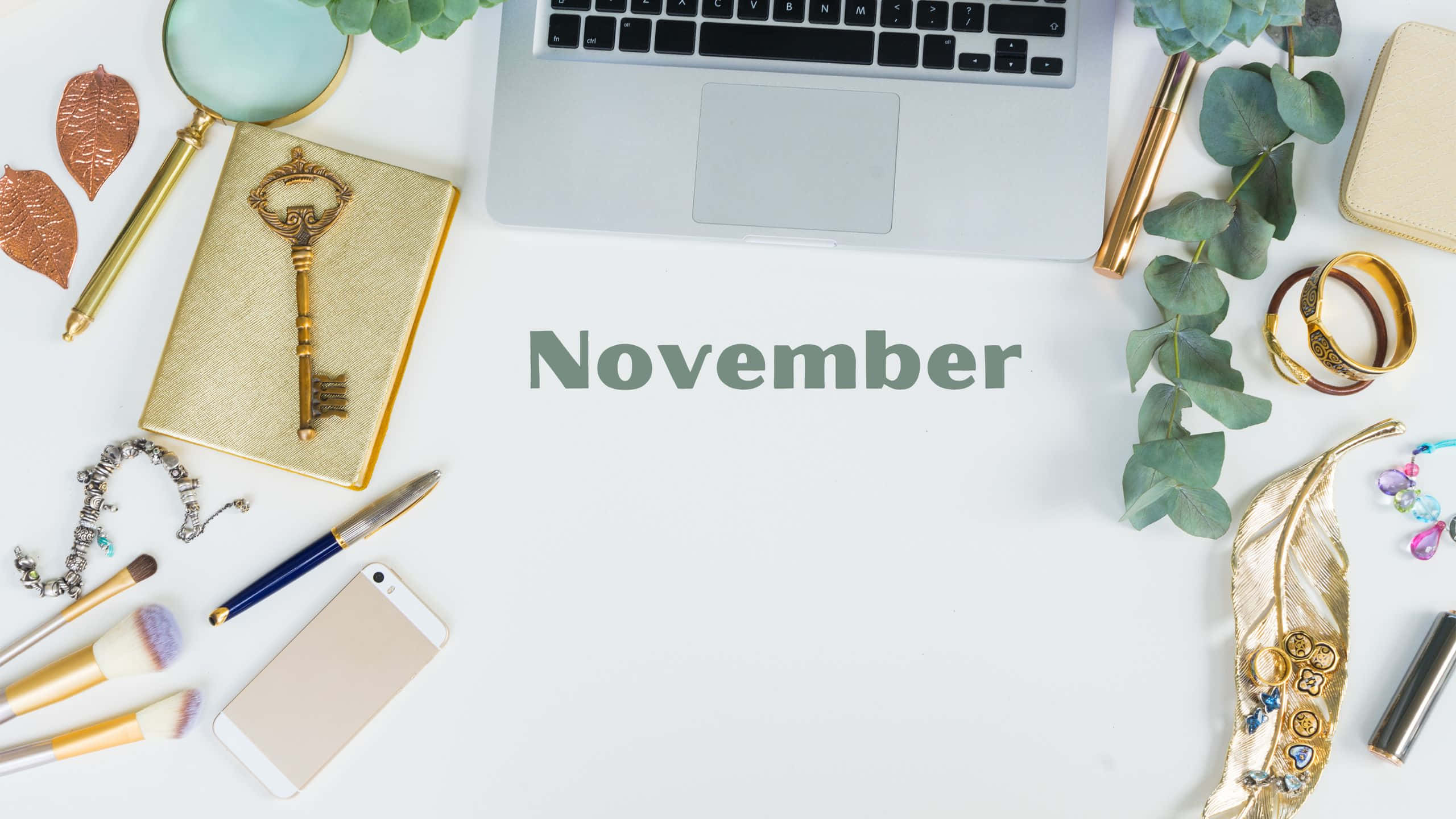 November Desktop, gold key notebook, eucalyptus leaves, 2K Desktop Wallpaper