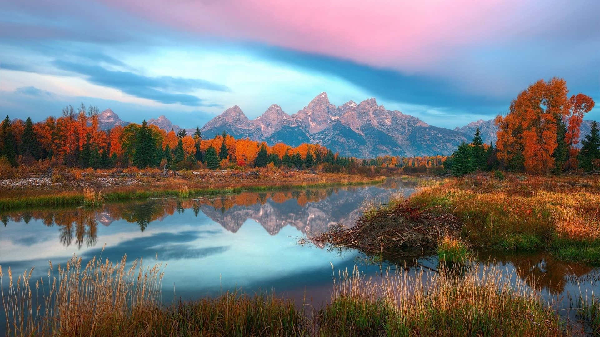 November Fall, autumn lake, snow-capped mountains, Full HD Desktop Wallpaper