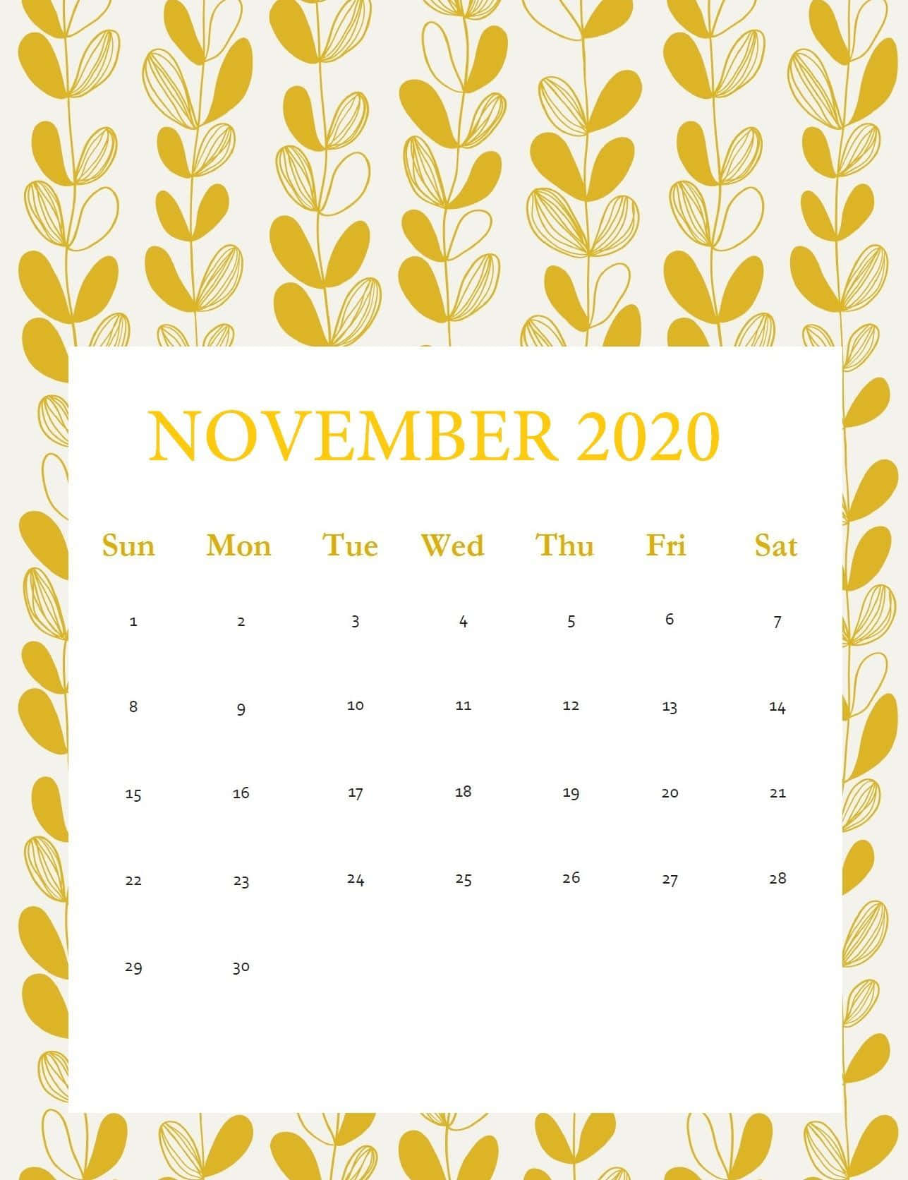 November 2020, calendar, gold leafy patterns, HD Phone Wallpaper