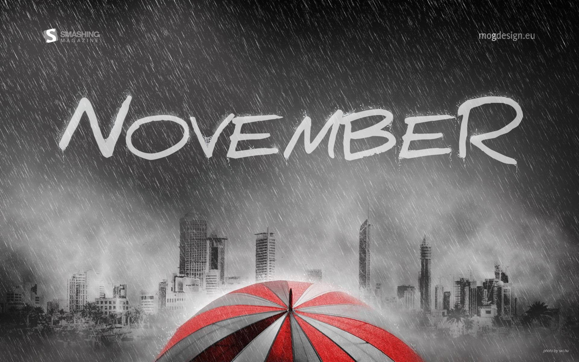 November, red and white striped umbrella, monochrome city skyline, Full HD Desktop Wallpaper