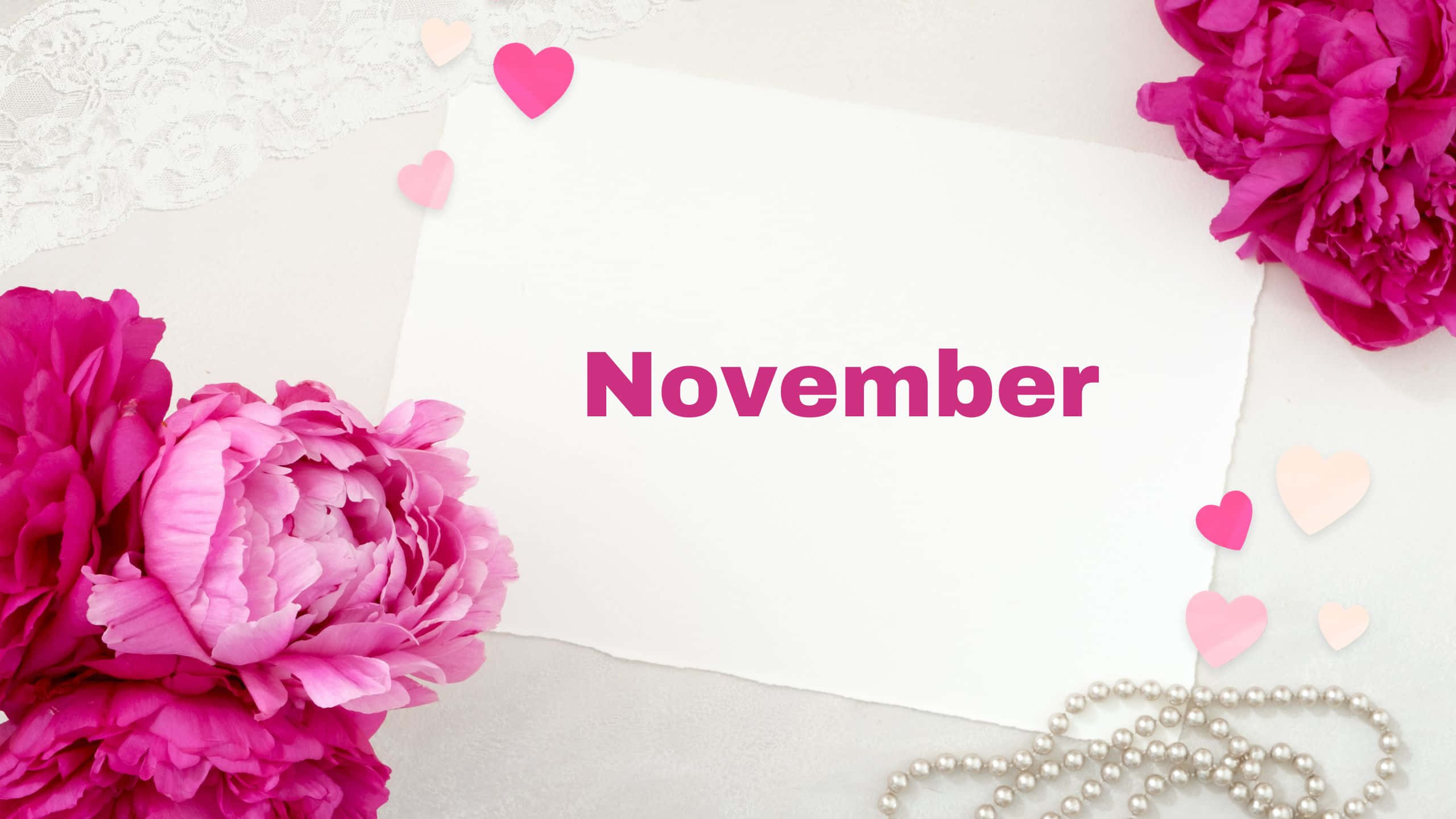 November, pink peonies, pearl beads, 2K Desktop Wallpaper