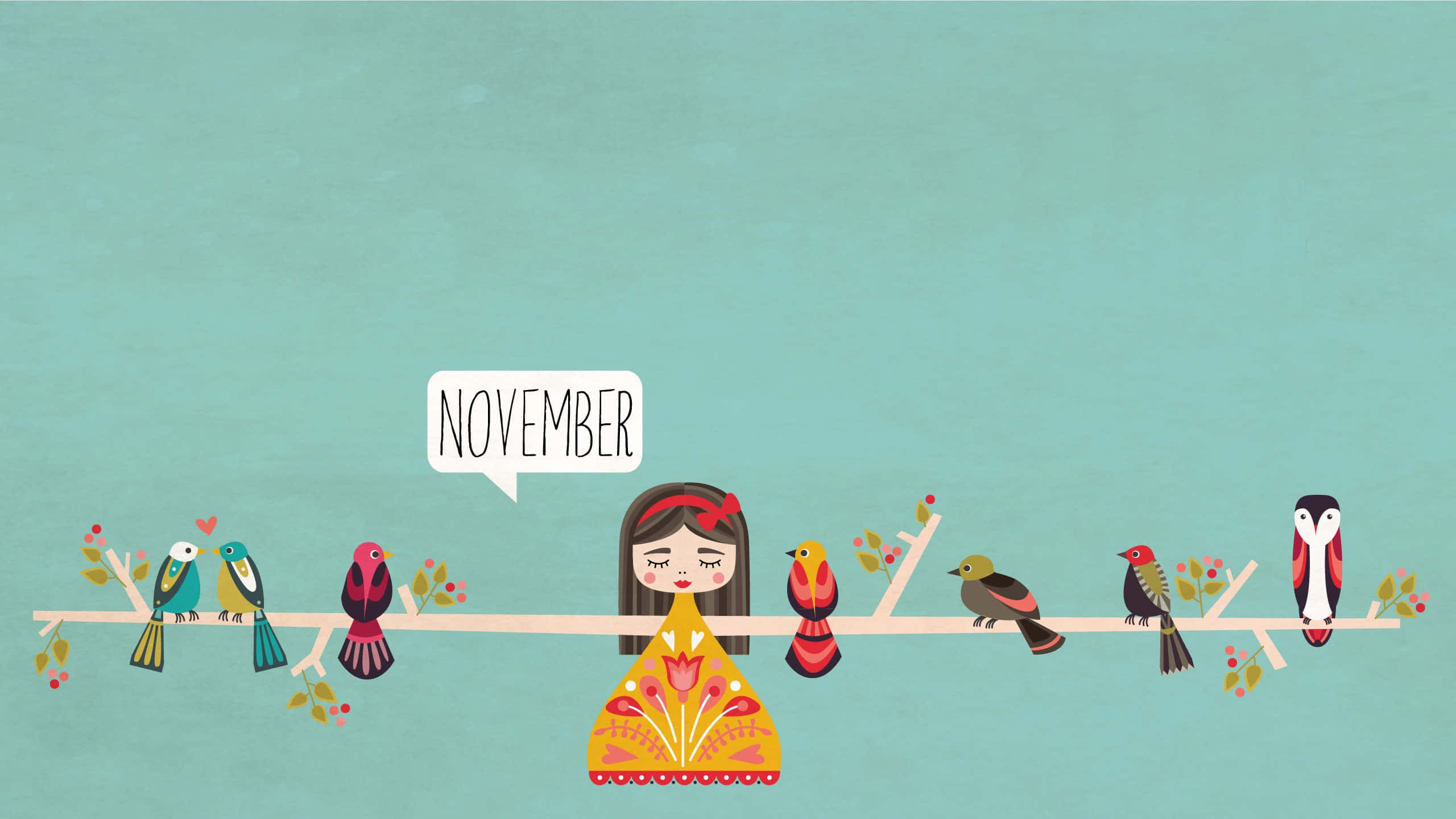 Aesthetic November, yellow dress, colorful birds, 2K Desktop Wallpaper