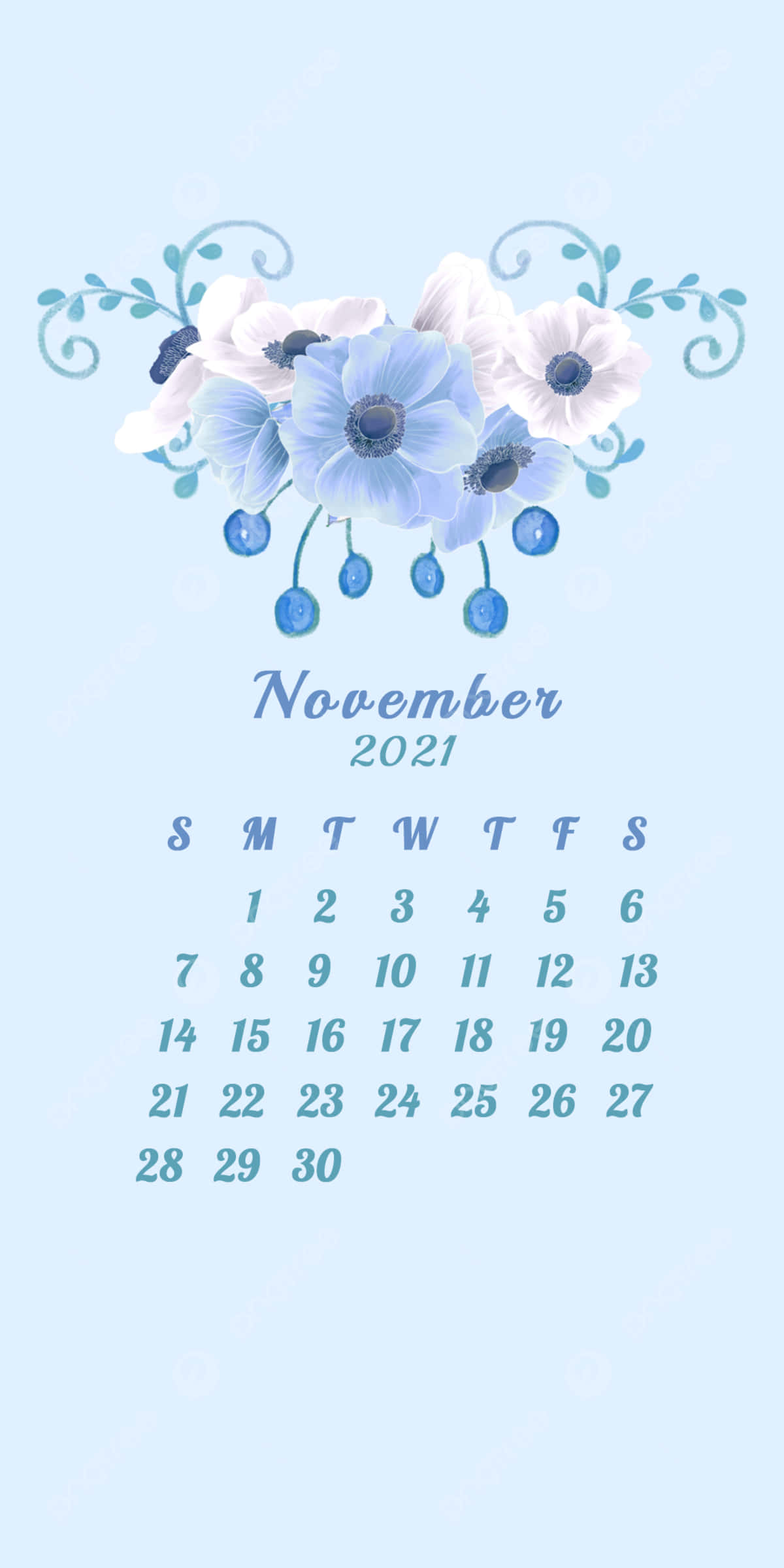 November 2021 calendar, floral blue aesthetic, delicate blue and white flowers, Full HD Phone Wallpaper