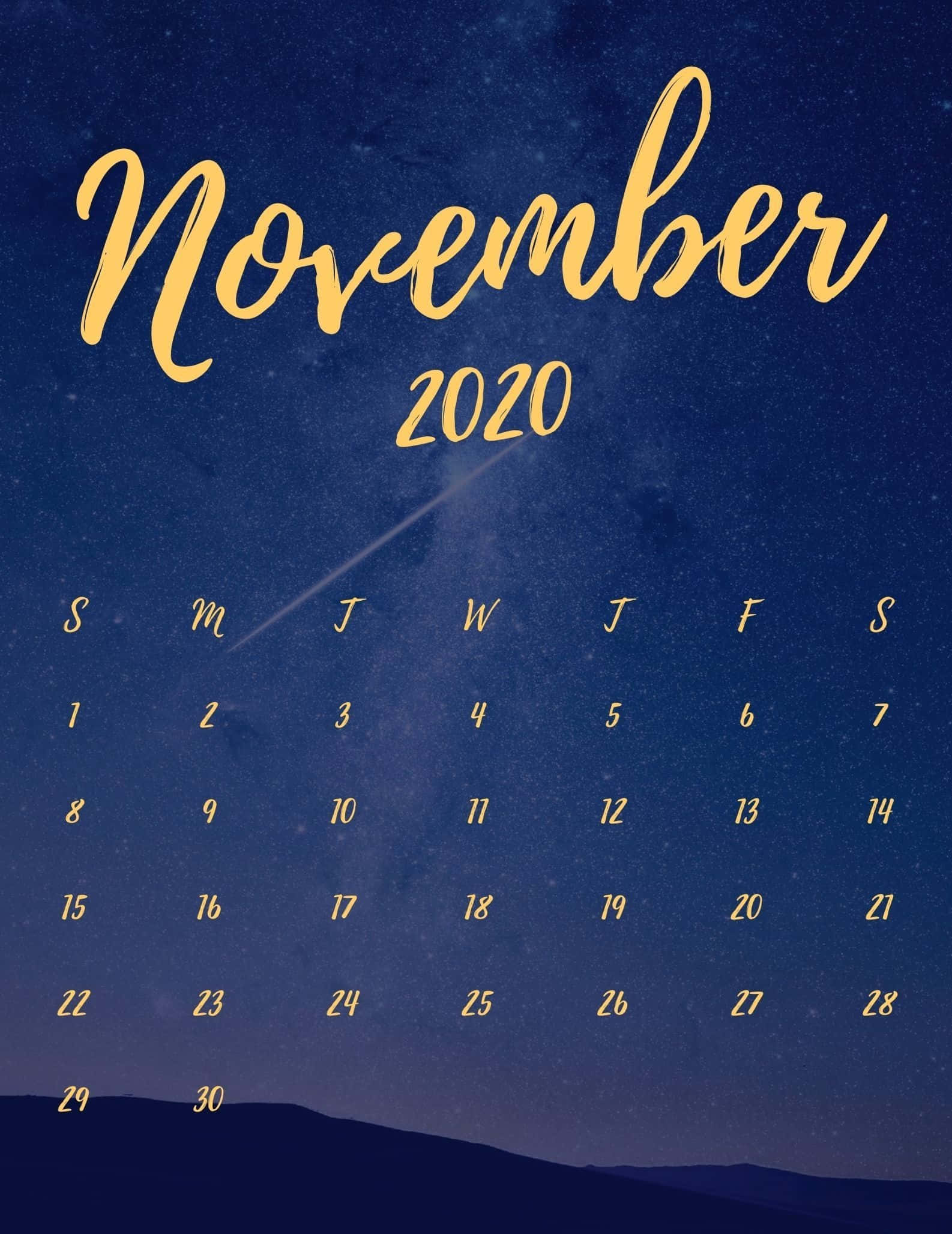 November 2020 calendar, gold script, starry night sky, Full HD Phone Wallpaper