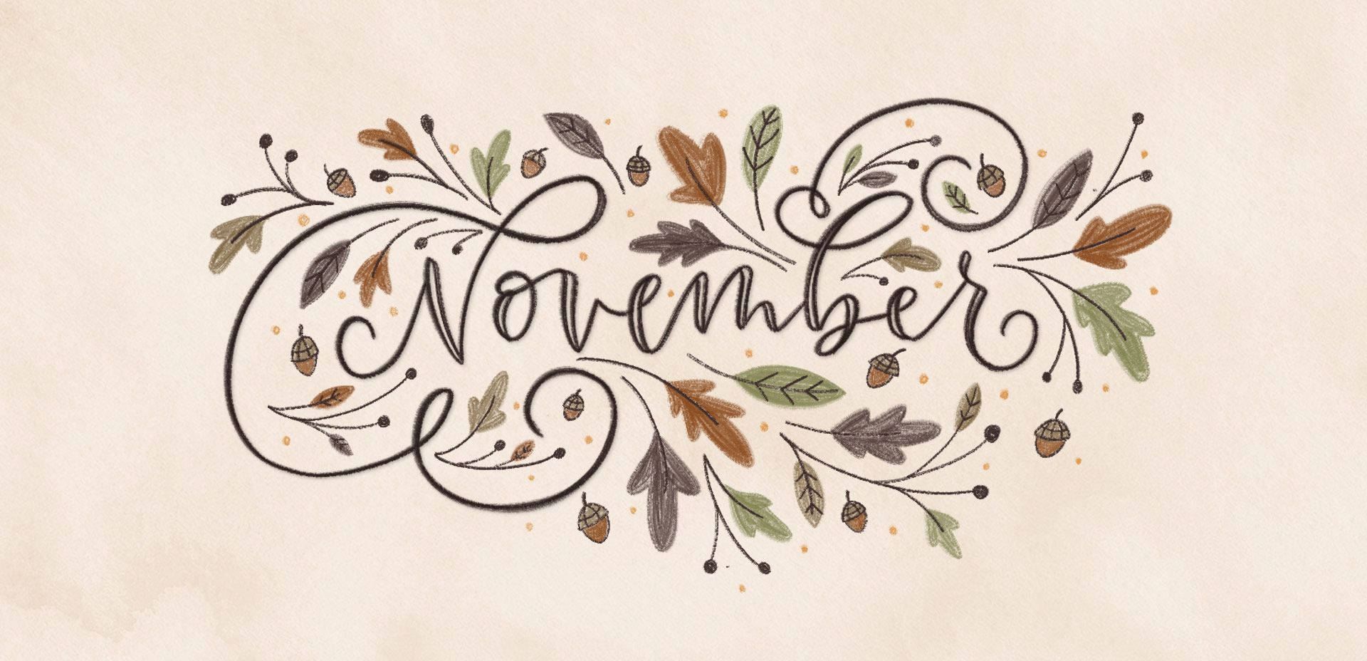 November, Autumn Calligraphy Art, swirling vines, Full HD Desktop Wallpaper