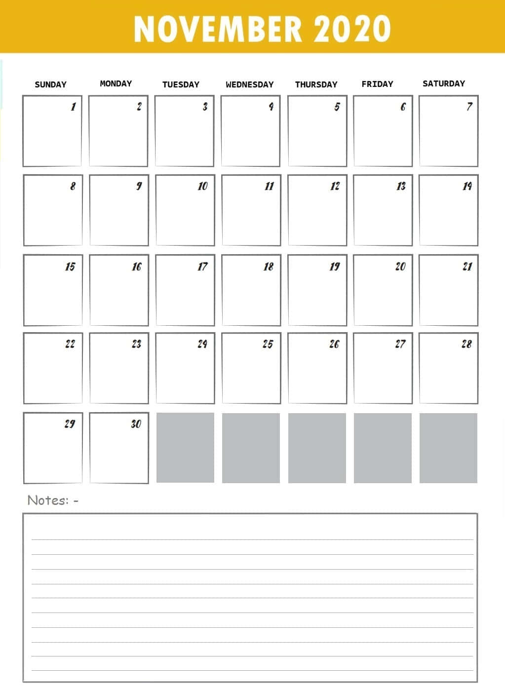November 2020 calendar, yellow header, blank date boxes, HD Phone Wallpaper