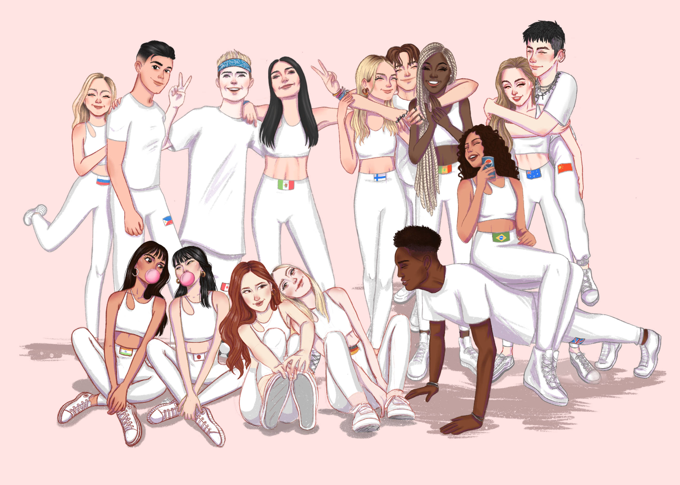 Now United, white outfits, soft pink background, 2K Desktop Wallpaper