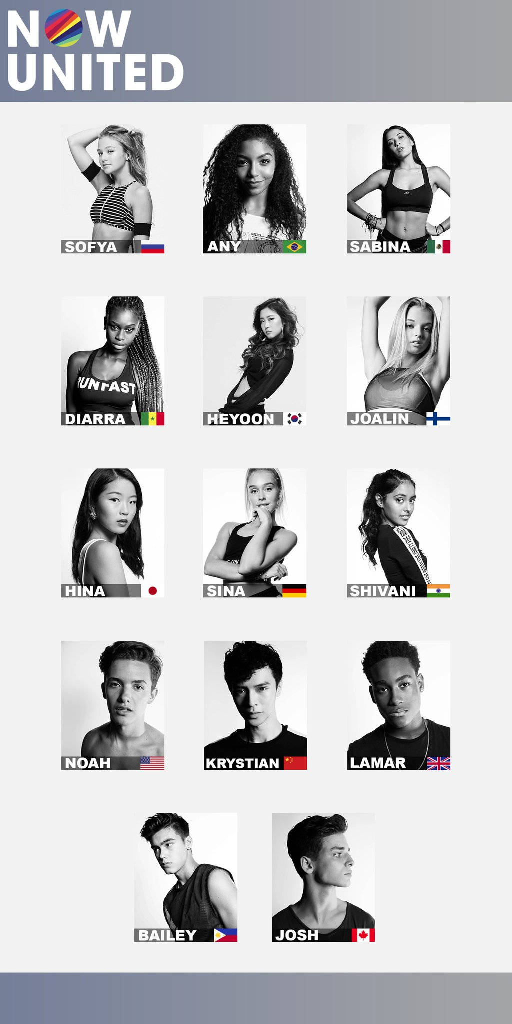 Now United, black and white portrait grid, ten diverse young performers, Full HD Phone Wallpaper