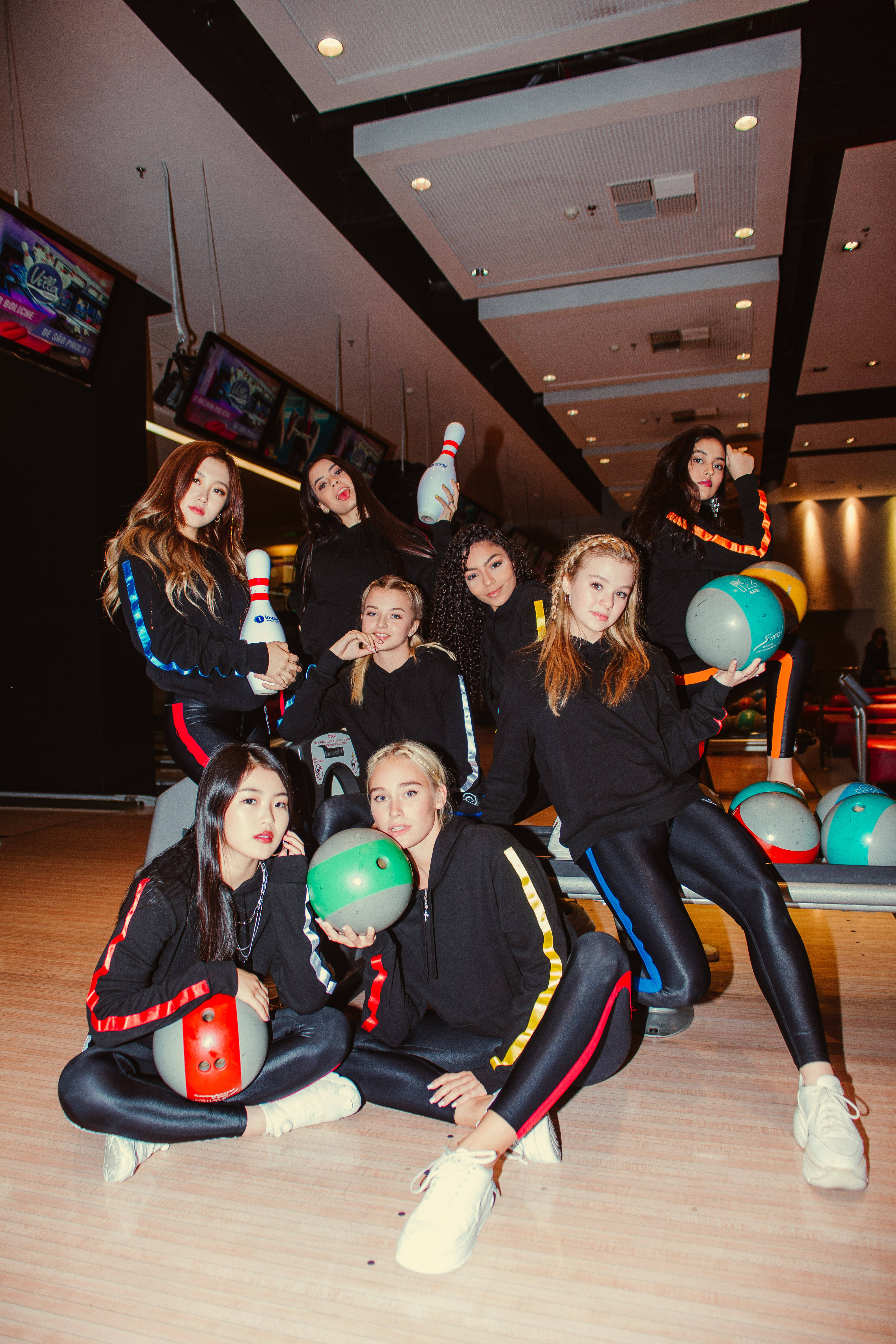 Now United, black athletic wear, colorful bowling balls, 5K Phone Wallpaper
