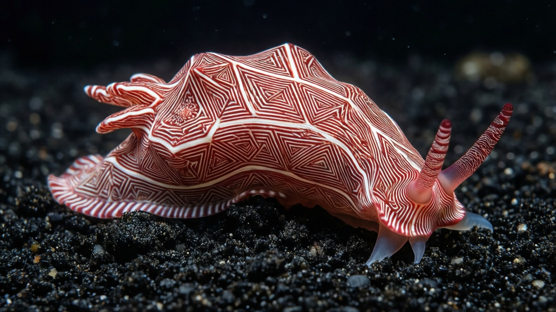 geometric nudibranch, fractal-like geometric patterns, black sand, Full HD Desktop Wallpaper