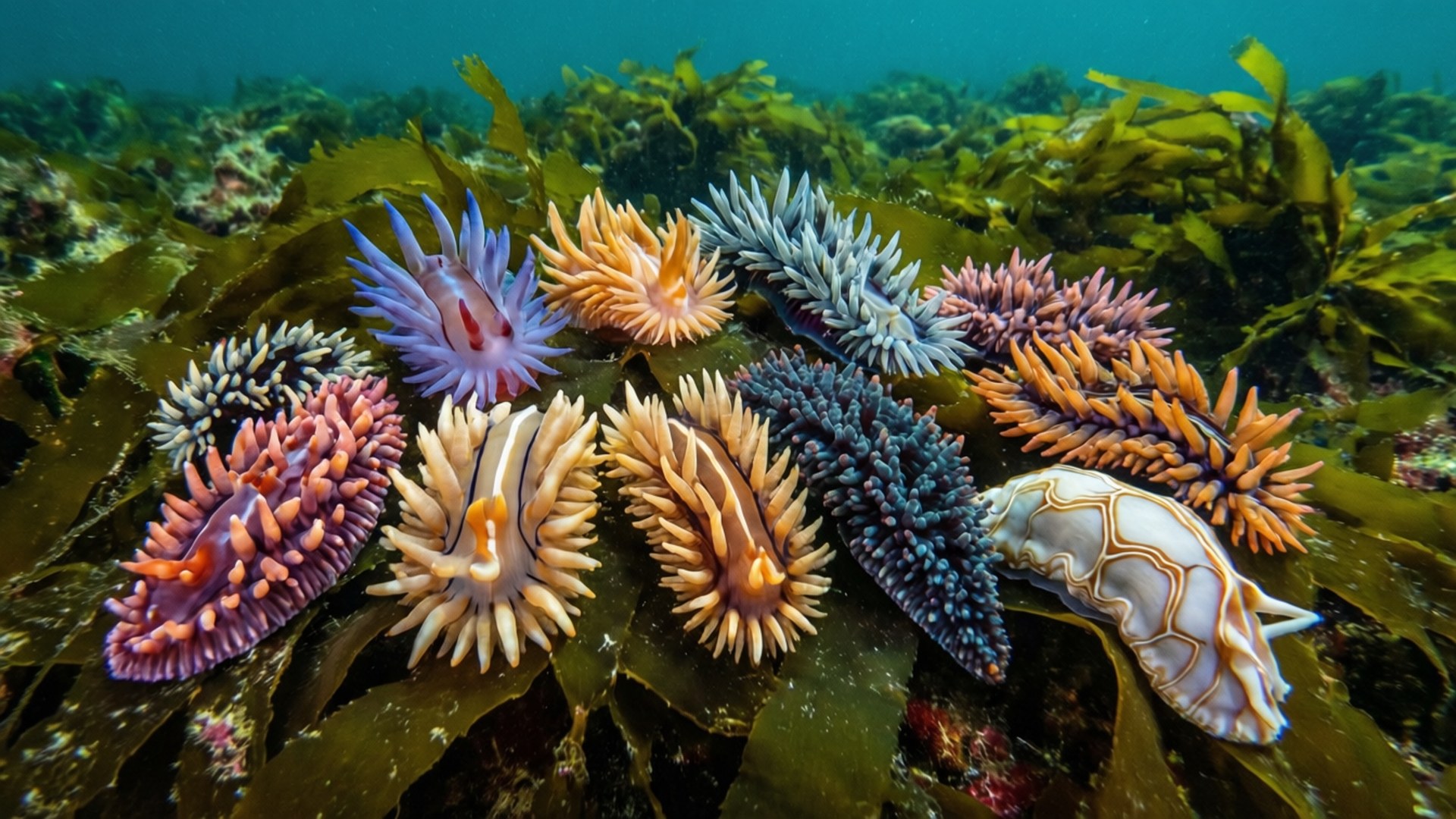 kelp forest, nudibranchs, group, Full HD Desktop Wallpaper
