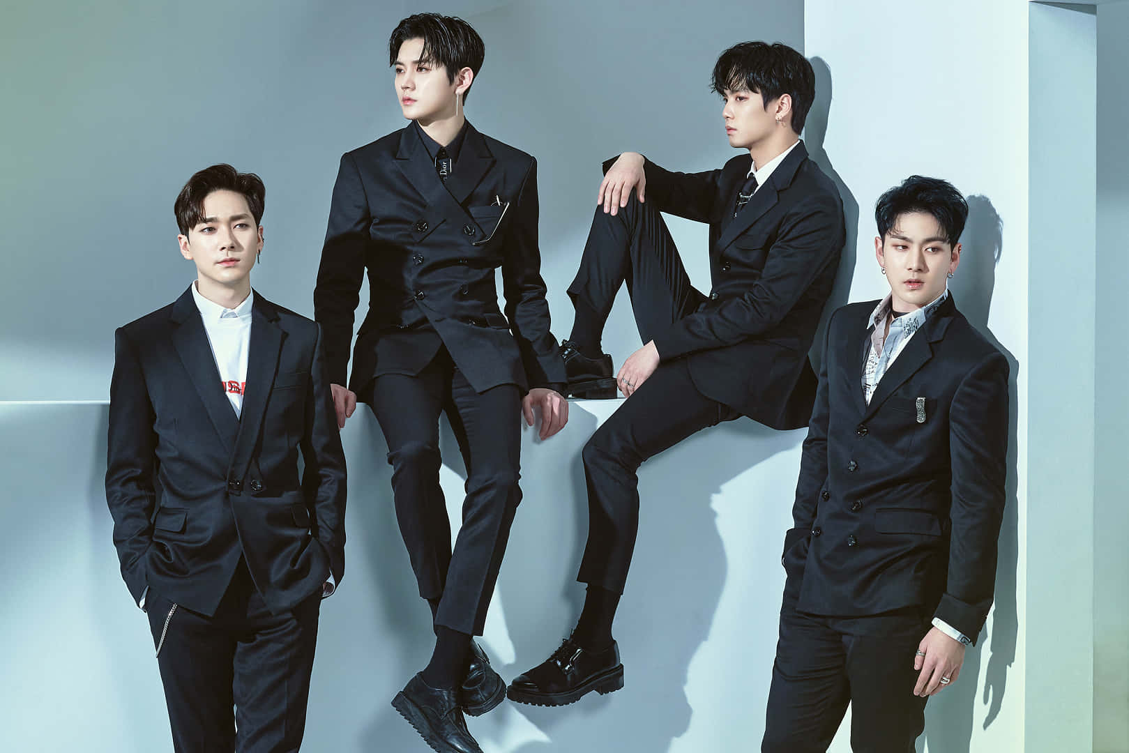Nuest, black suits, light blue studio wall, HD Desktop Wallpaper