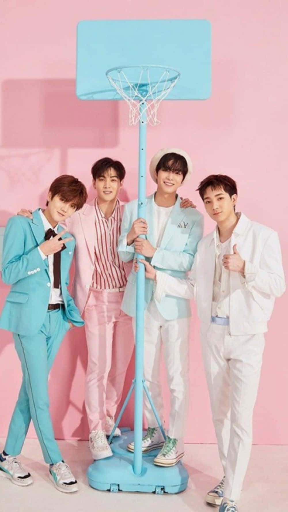 Nuest, pastel suits, light blue basketball hoop, HD Phone Wallpaper