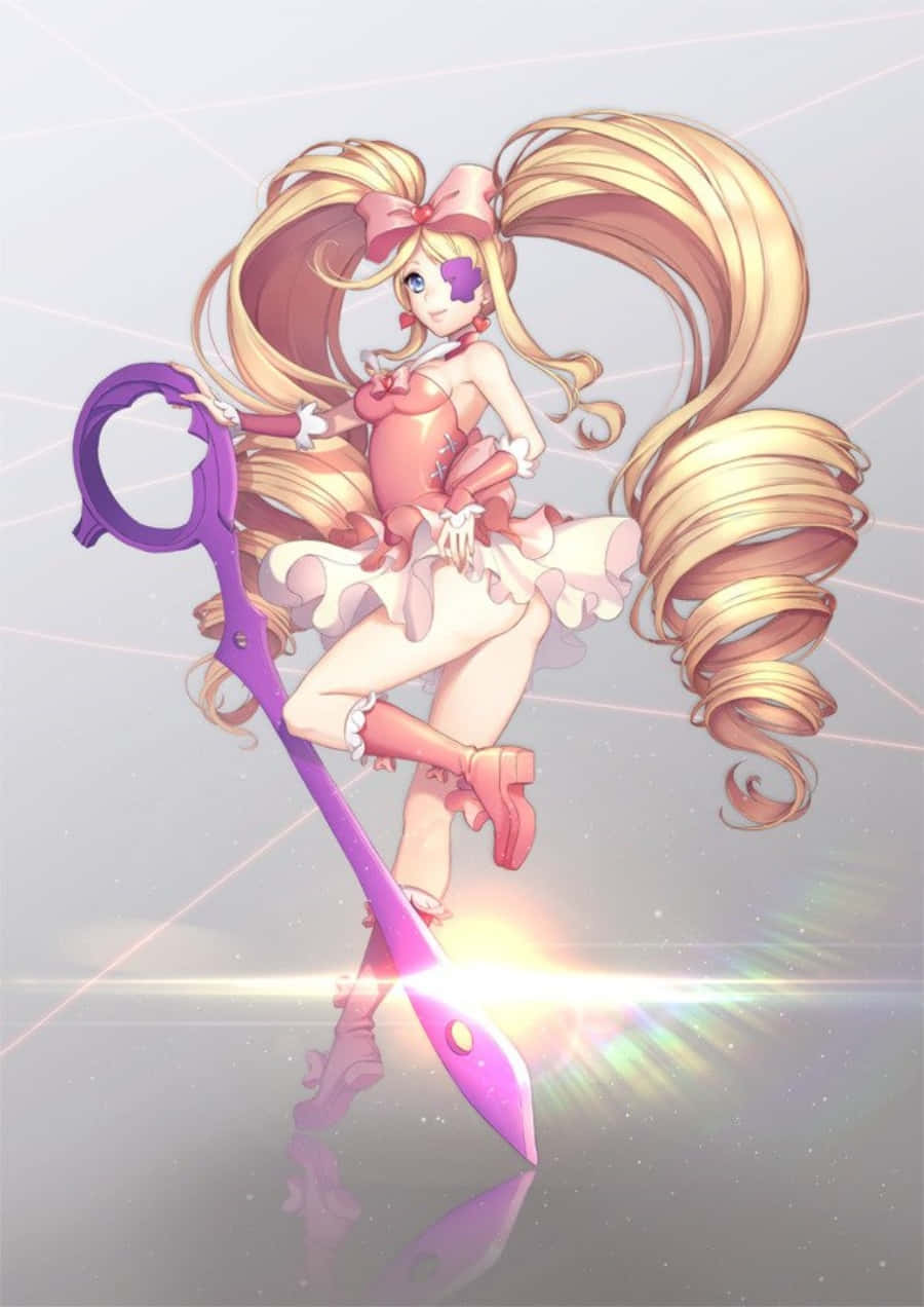 Nui Harime, long blonde pigtails, giant purple scissors glowing with light, SD Phone Wallpaper