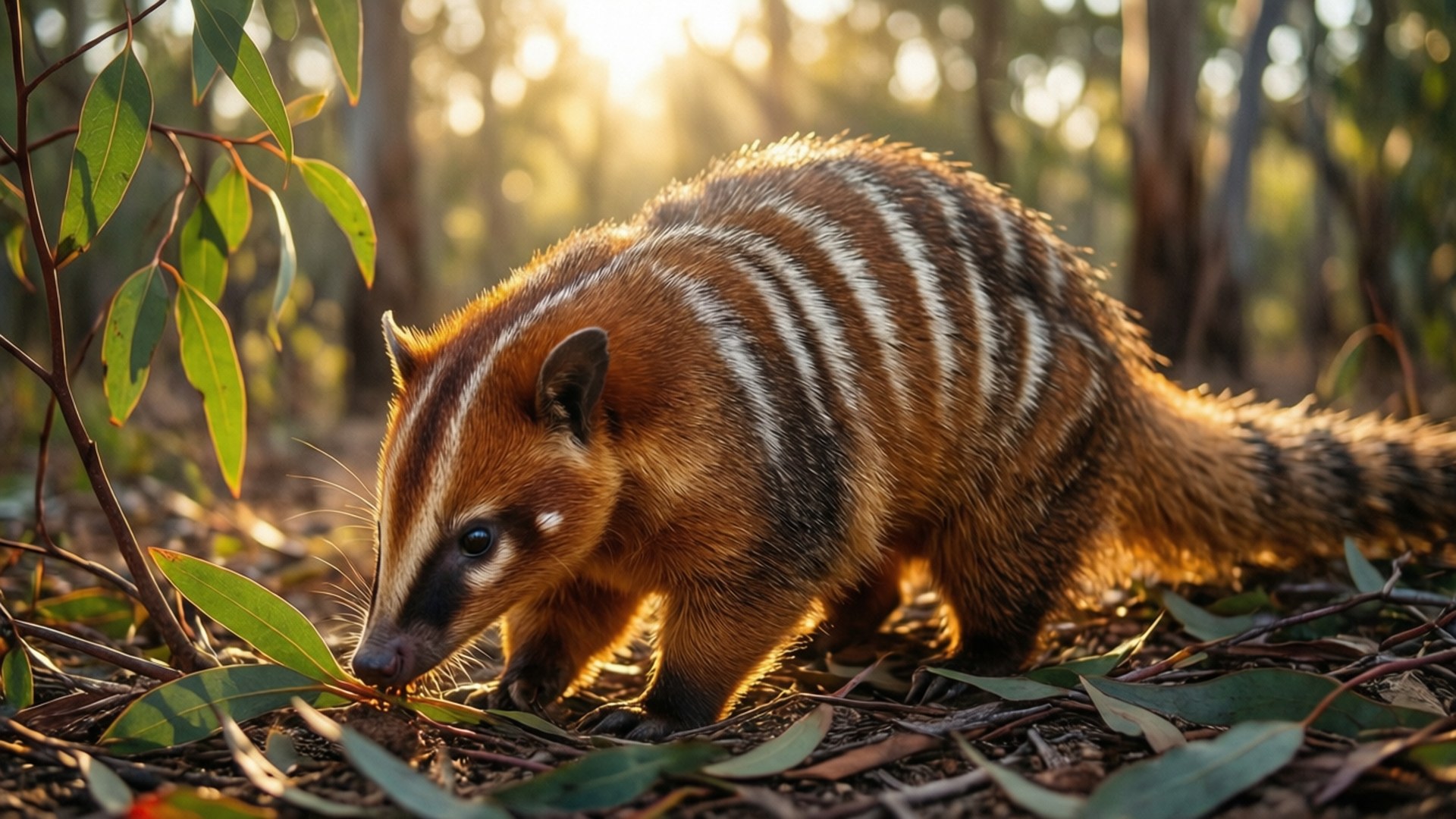 Numbat, sun-drenched eucalyptus forest, termites, Full HD Desktop Wallpaper