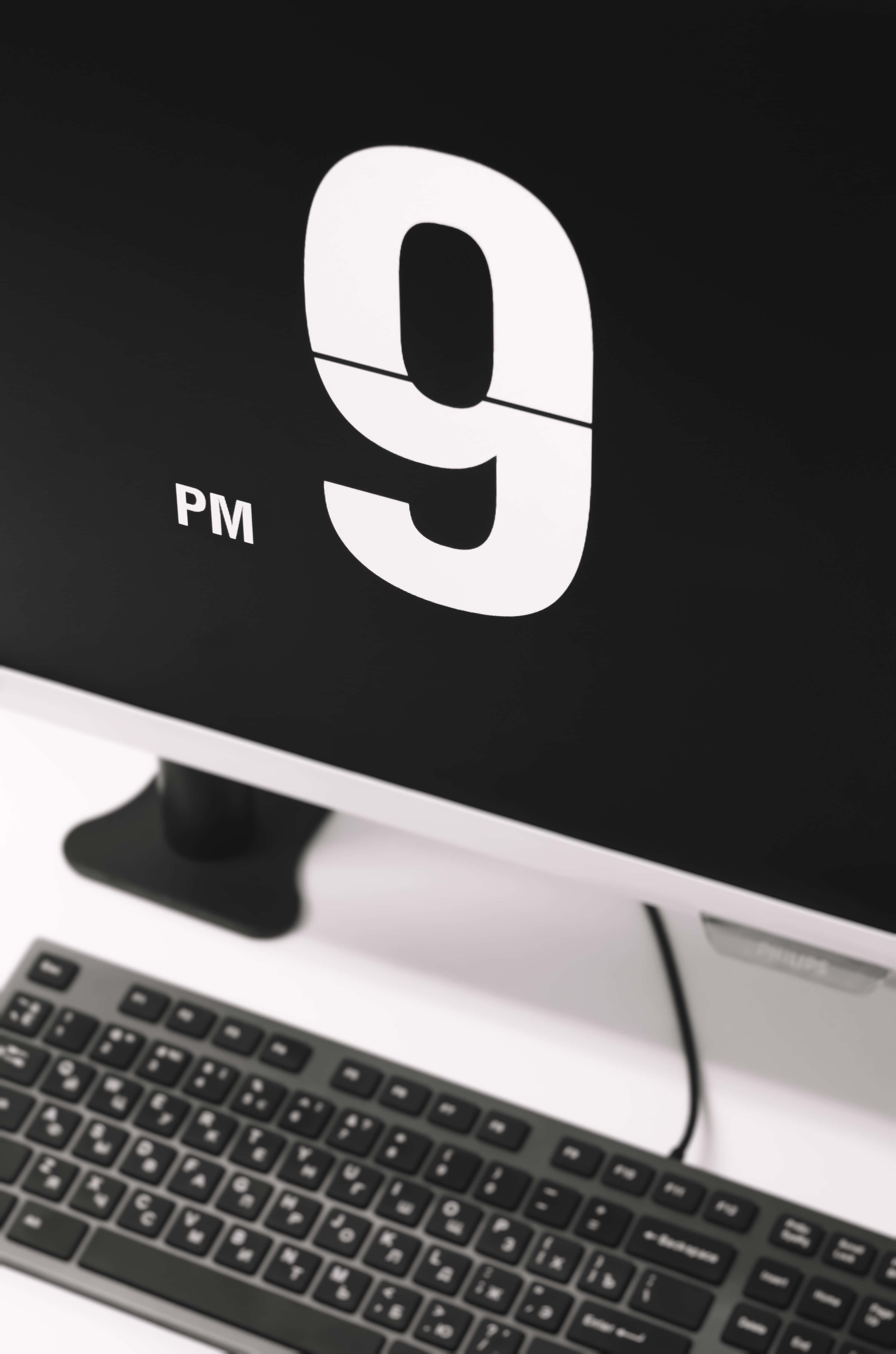 Number 9, white '9 PM', black screen, 4K Phone Wallpaper