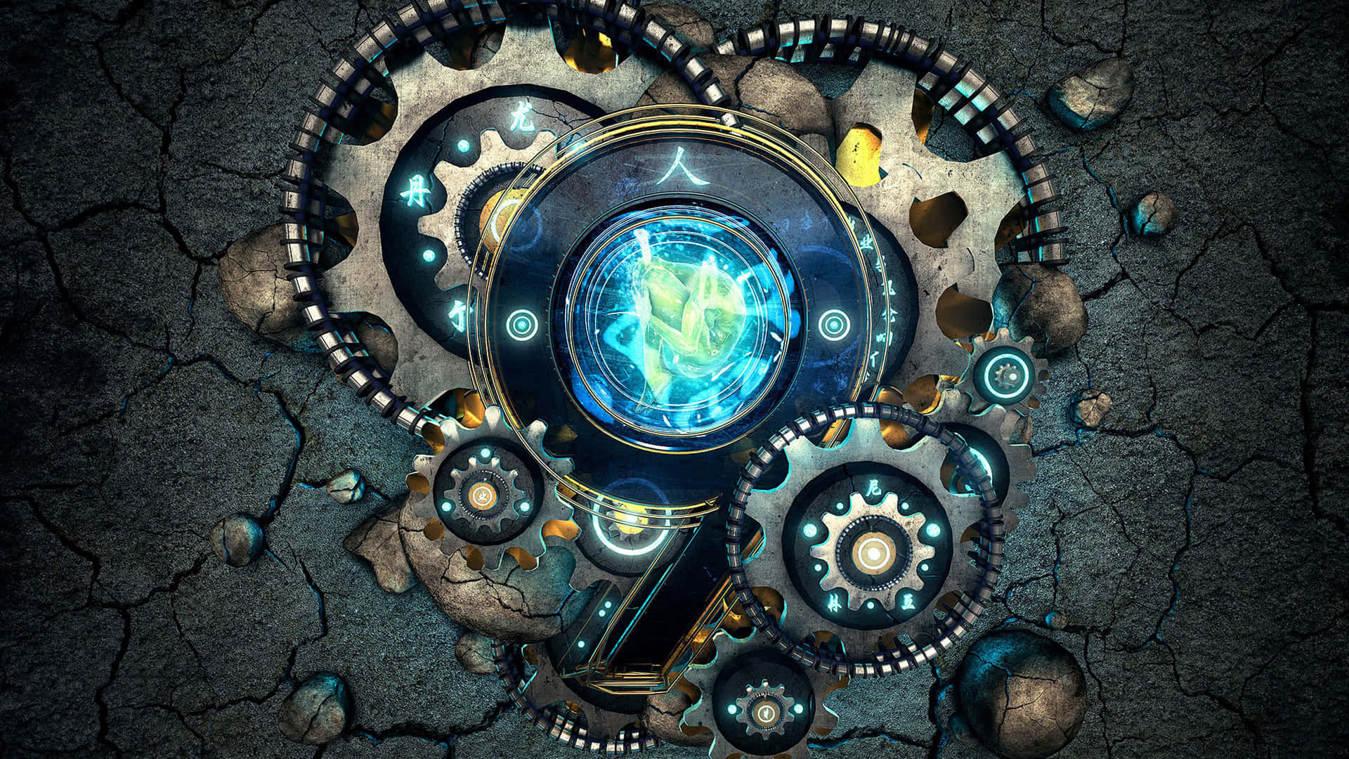Number 9, glowing blue holographic globe, intricate mechanical gears, Full HD Desktop Wallpaper