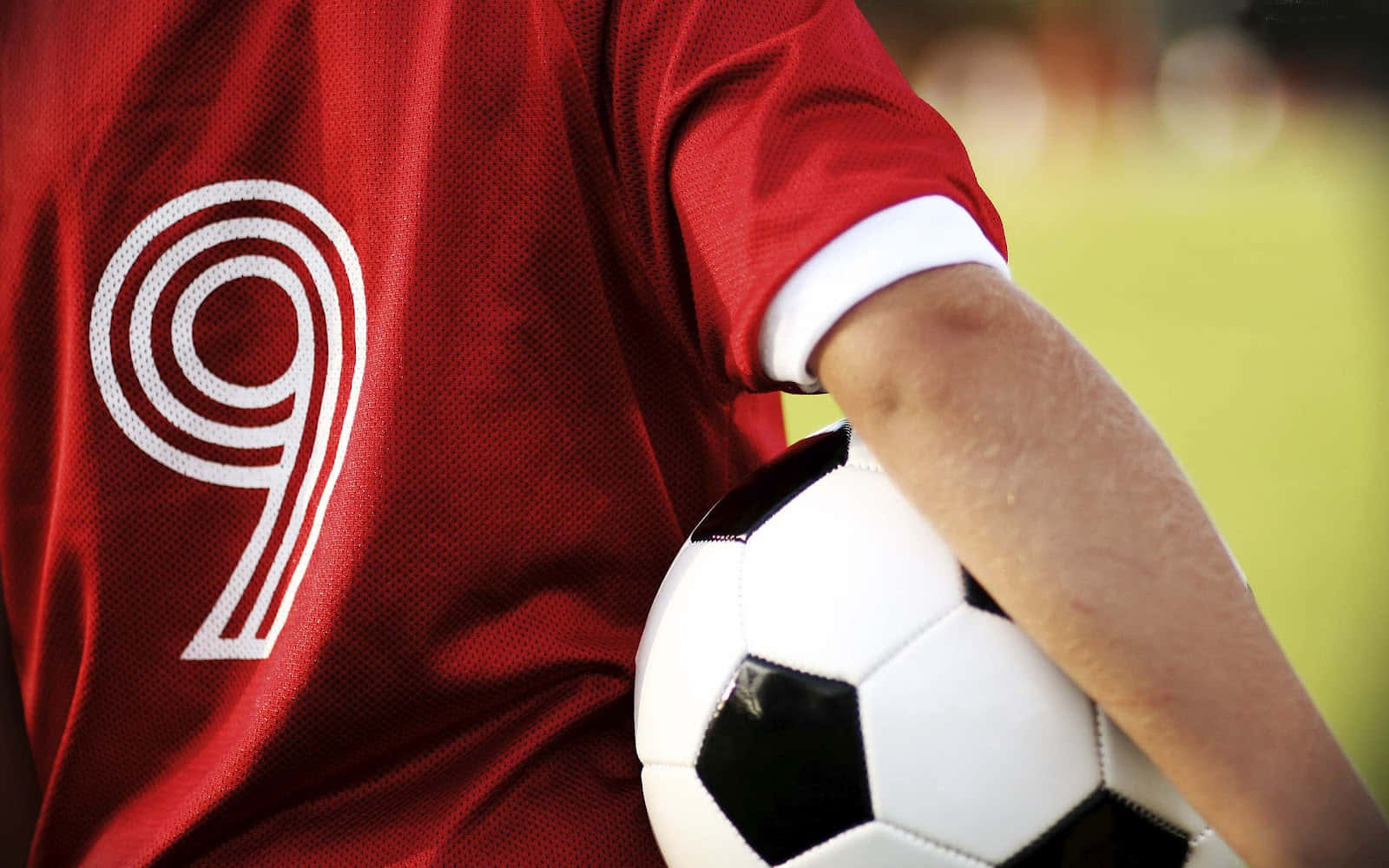 Number 9, red jersey, classic black and white soccer ball, HD Desktop Wallpaper