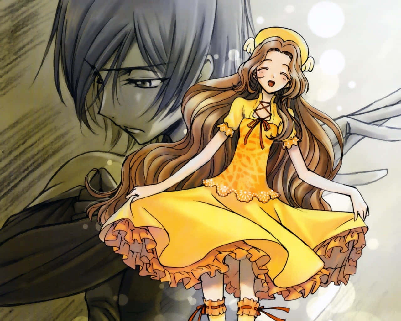 Nunnally Lamperouge, yellow dress with ruffles, gray-haired figure, HD Desktop Wallpaper
