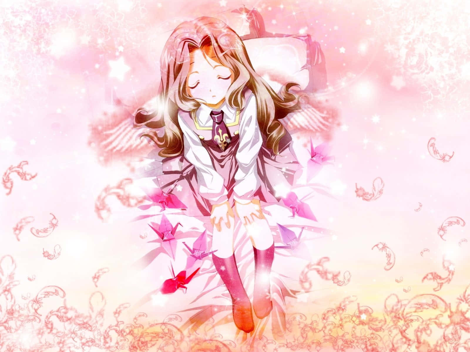 Nunnally Lamperouge, long brown hair, floating pink origami cranes, HD Desktop Wallpaper