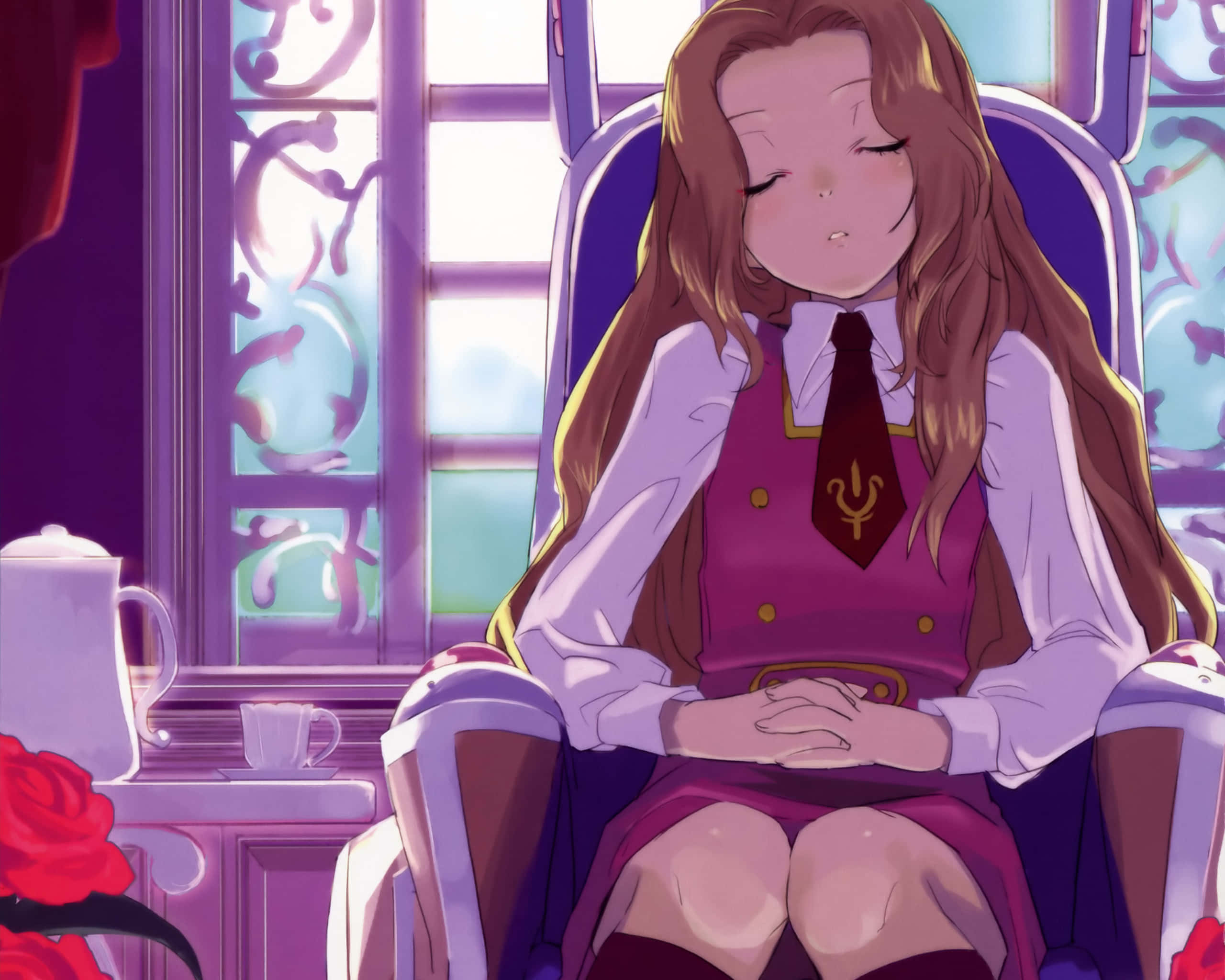 Nunnally Lamperouge, school uniform, purple armchair, 2K Desktop Wallpaper