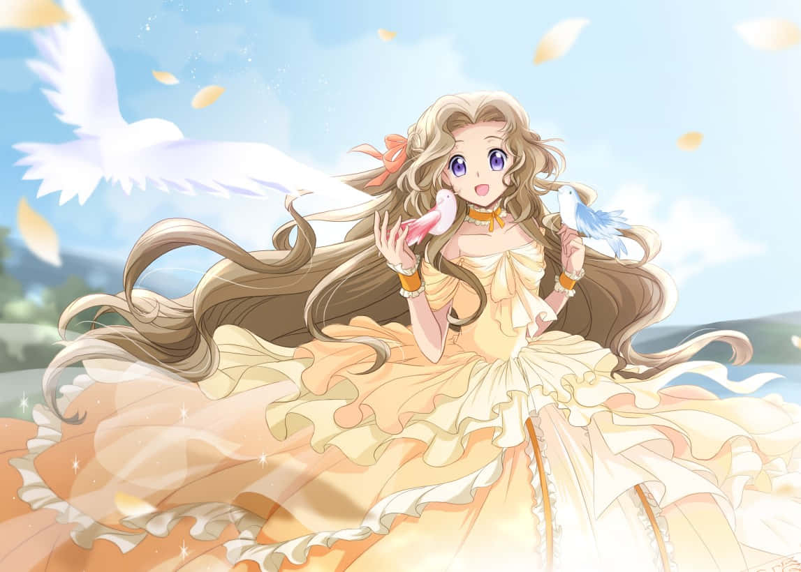 Nunnally Lamperouge, yellow dress, pink and blue doves, SD Desktop Wallpaper
