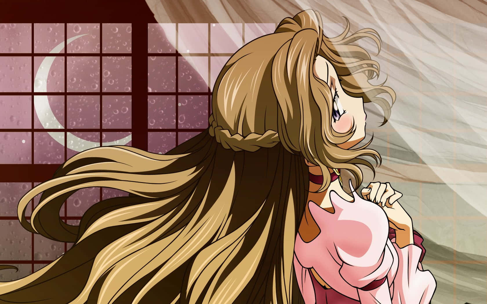 Nunnally Lamperouge, flowing blonde hair, rainy shoji window, HD Desktop Wallpaper