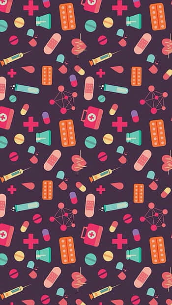 Nurse Phone, dark purple background, vibrant cartoon medical icons, SD Phone Wallpaper