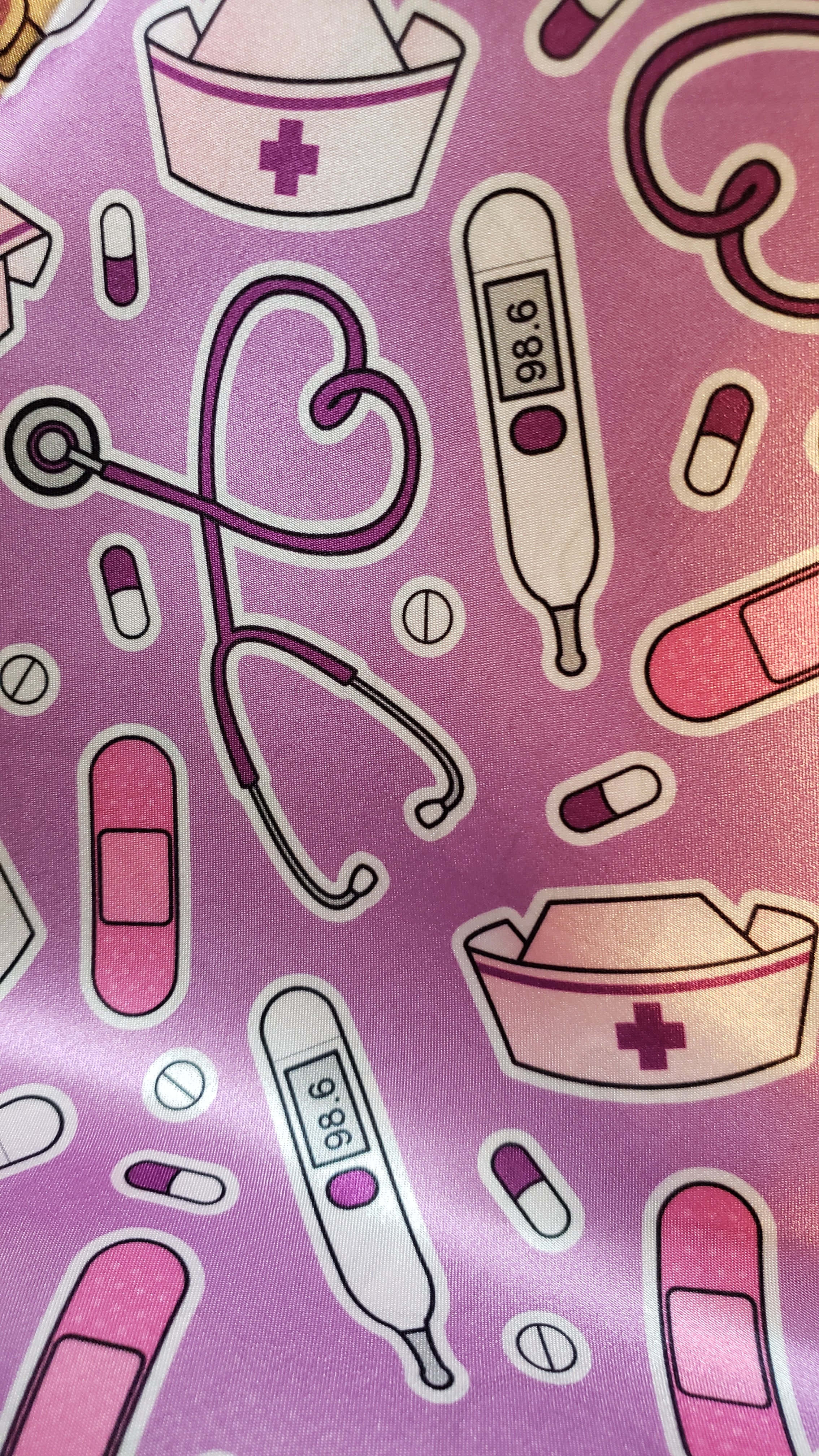 nurse phone, pink fabric, cartoon medical icons, 4K Phone Wallpaper