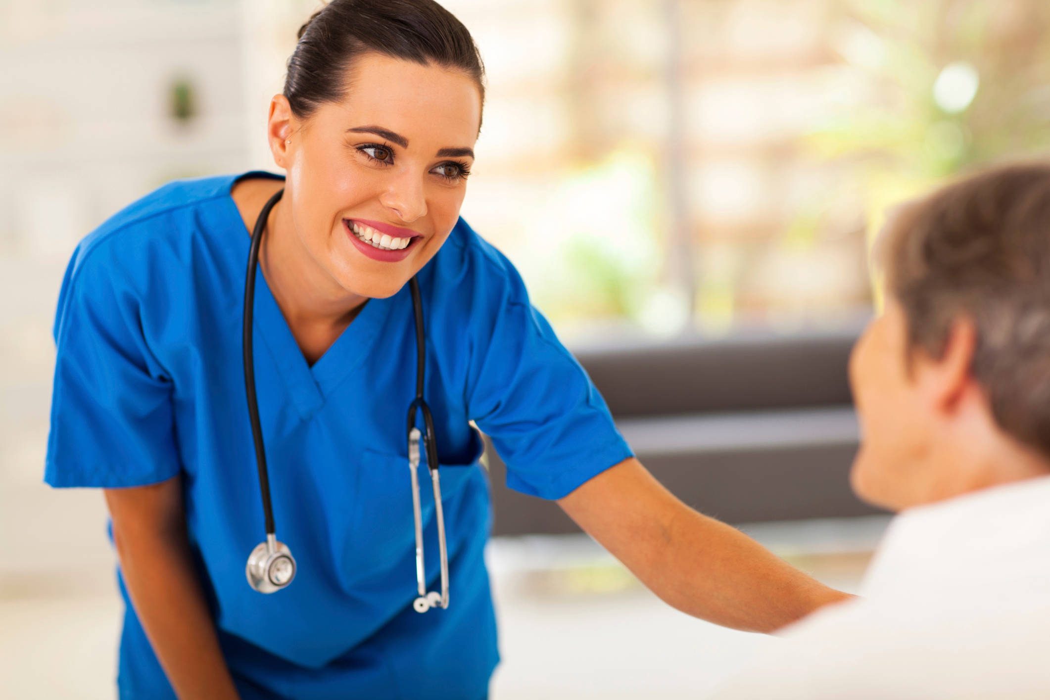 nurse, blue scrubs, elderly patient, Full HD Desktop Wallpaper