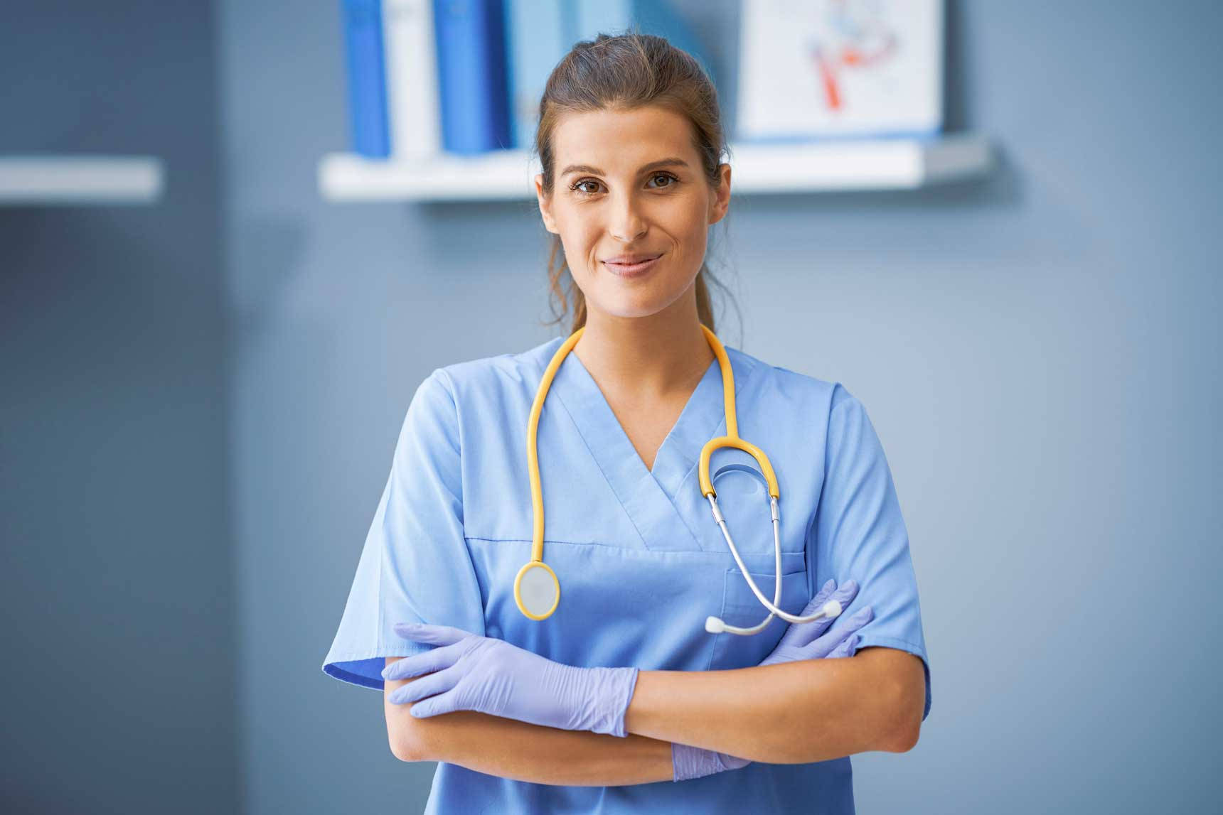 female nurse, blue scrubs, purple gloves, HD Desktop Wallpaper