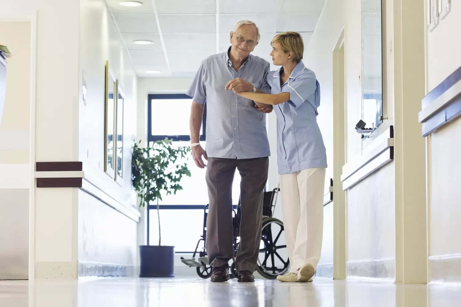 nurse, elderly man, bright hospital hallway, HD Desktop Wallpaper