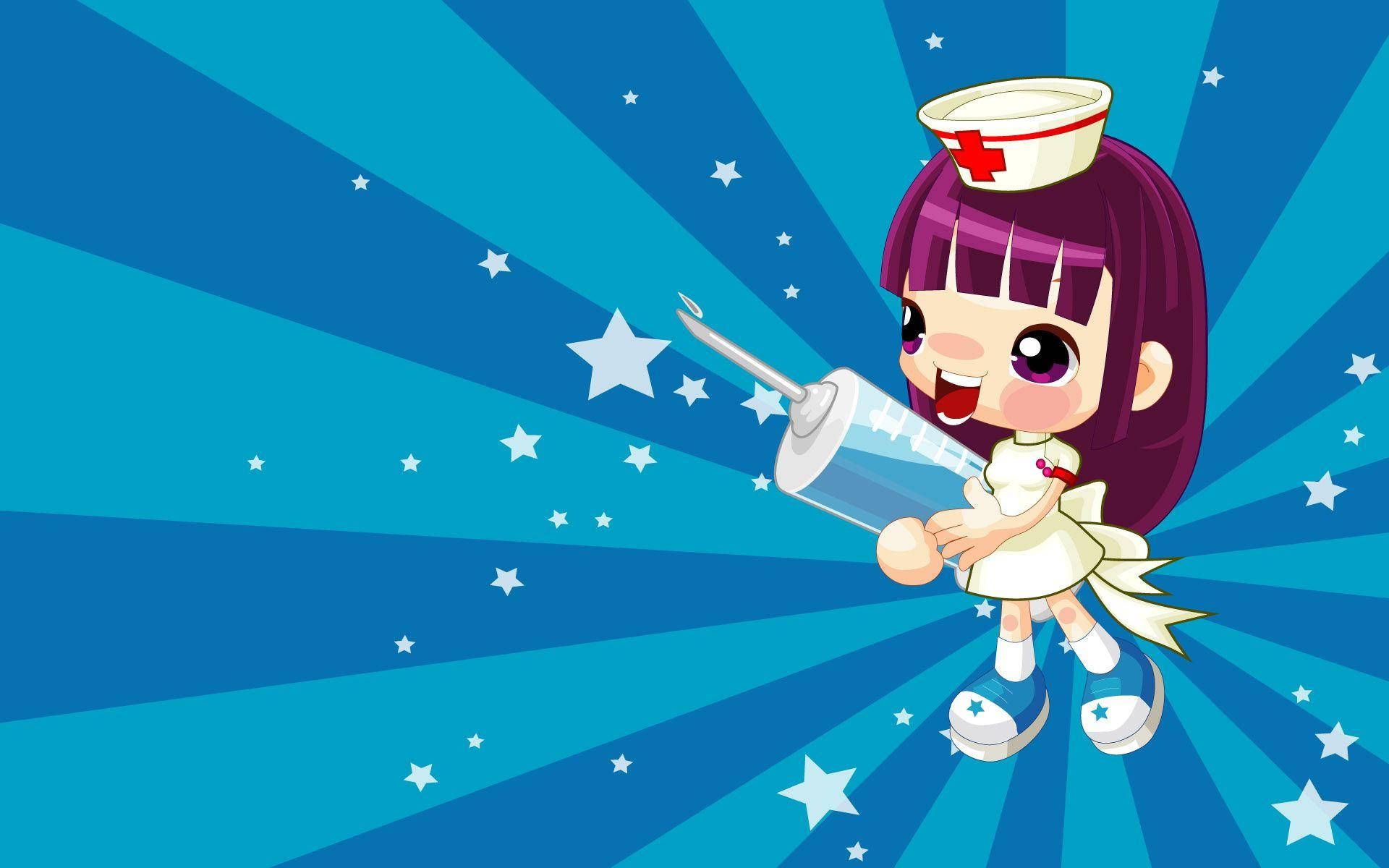 cute nurse chibi cartoon, purple hair, red cross cap, Full HD Desktop Wallpaper