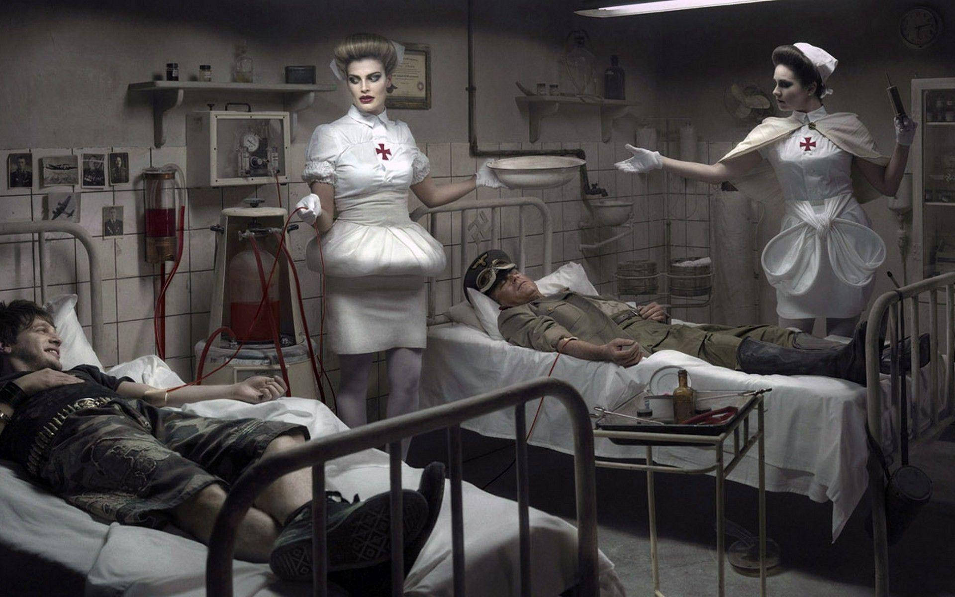 vintage white uniforms, wounded soldiers, grimy, dimly lit hospital ward, Full HD Desktop Wallpaper